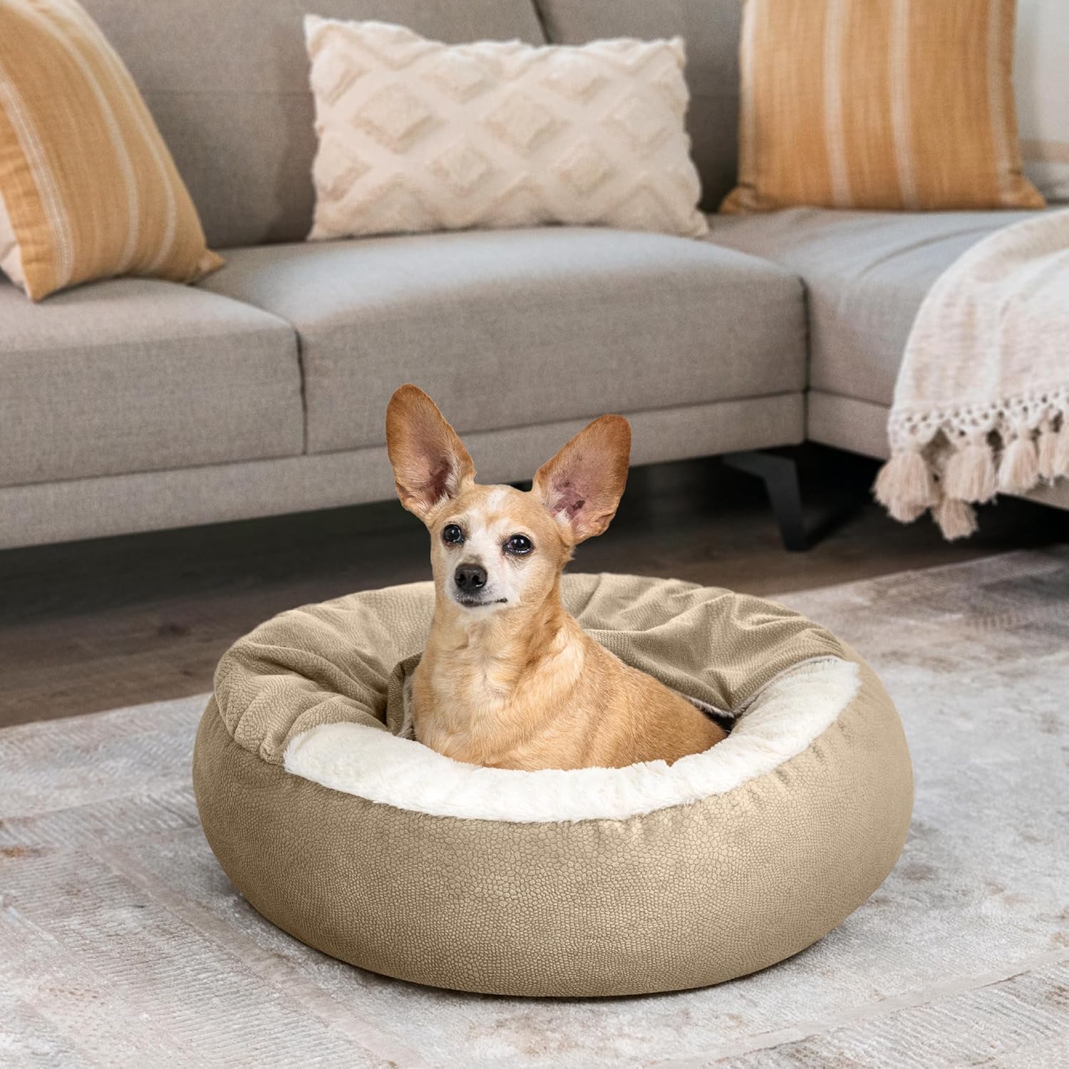 Best Friends by Sheri Cozy Cuddler Ilan Covered Cat and Dog Bed with Attached Blanket, Wheat, 24"x24"