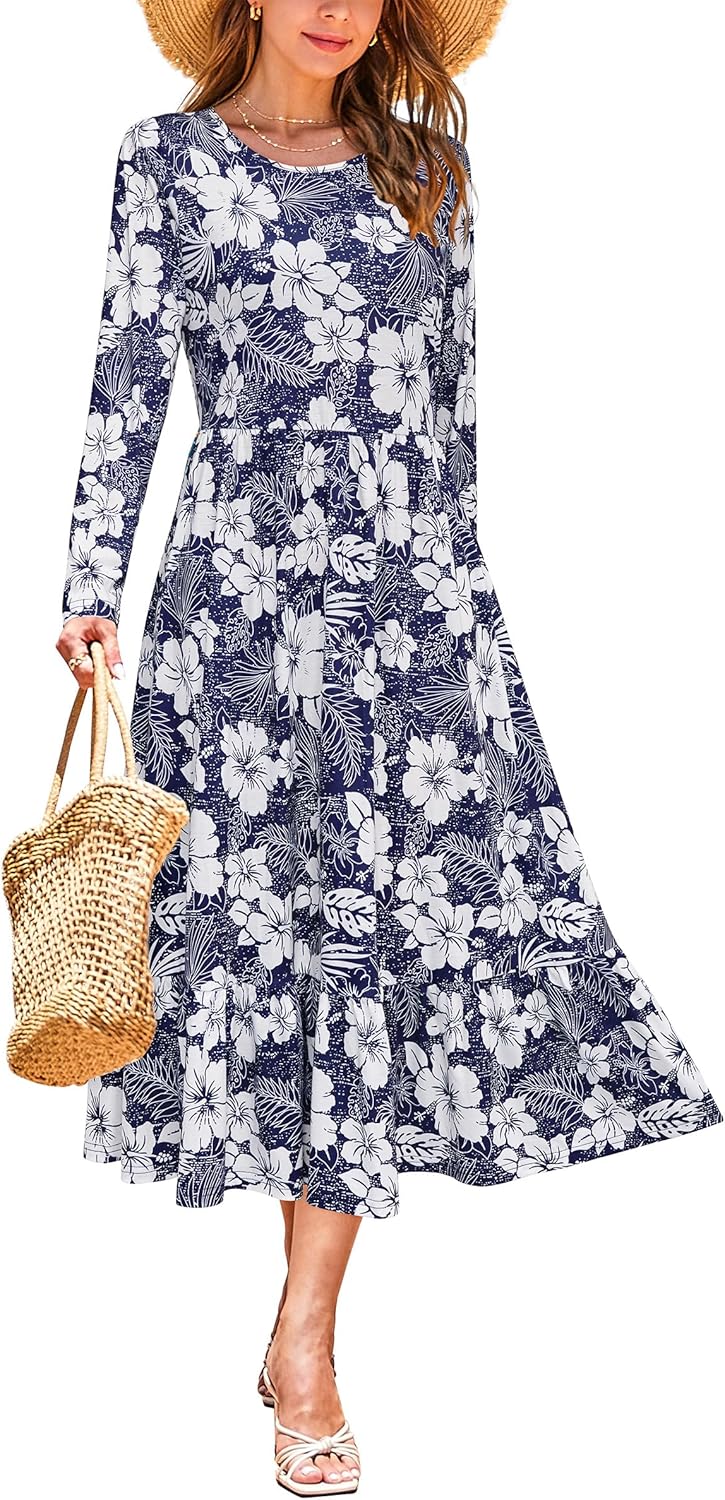 STYLEWORD Women's 2025 Fall Wedding Guest Dresses Long Sleeve Crew Neck Tiered Flowy A Line Casual Midi Dress Pockets