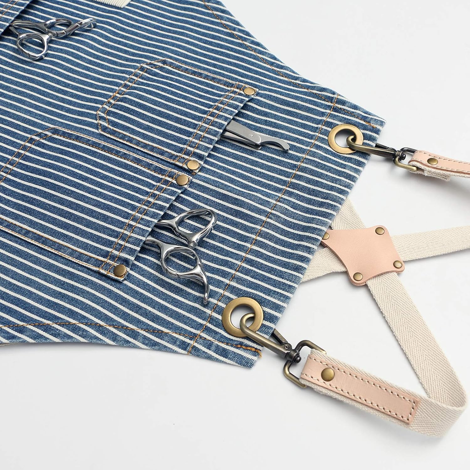 Jeanerlor - Womens Work Barber Shop Cooking Apron for Kitchen Hairstylist with 4 Pockets for Women Cross Straps & Adjustable S to M (Blue Striped) - Image 5