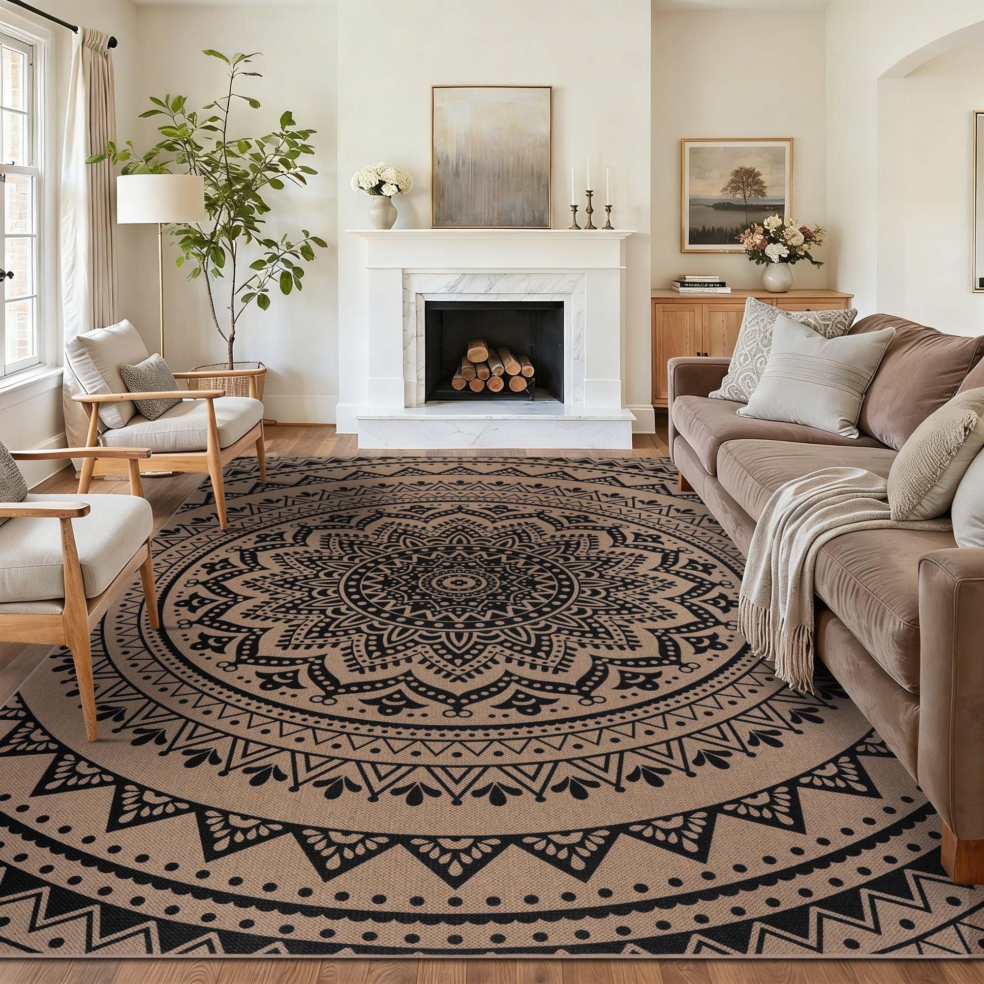 Homcomodar Washable Rugs for Living Room 160x230cm Mandala Easy Jute Rug Indoor Outdoor Patio Rug Farmhouse Neutral No Shed Carpet for Bedroom Backyard,Black Brown Hessian Sisal Look