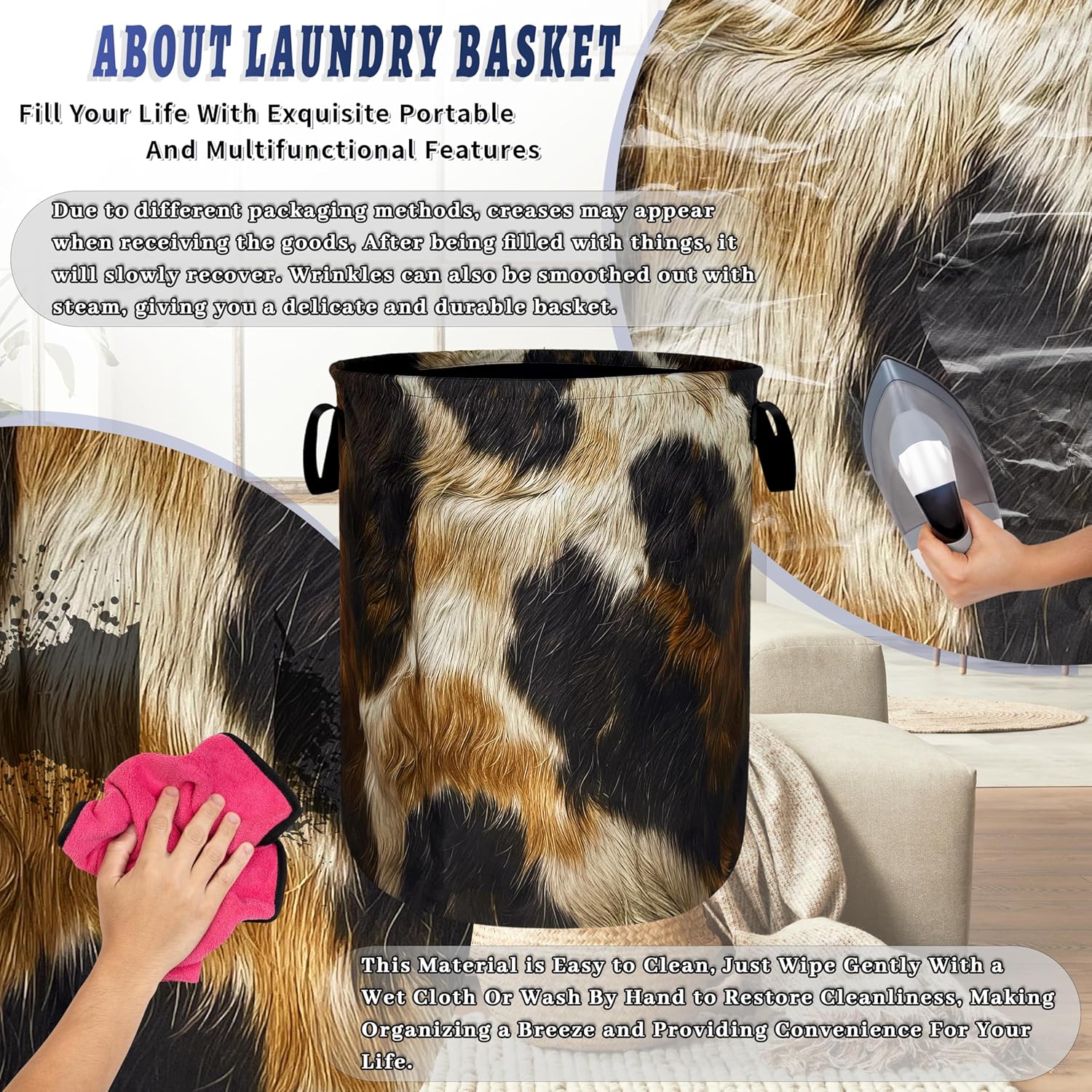 Brown Cow Skin Texture Laundry Basket Foldable Retro Animal Print Laundry Hamper With Handle Oxford Cloth Portable Clothes Storage Basket Laundry Bag 18.9"x16.5" For Laundry Room/Bedroom/Bathrooms