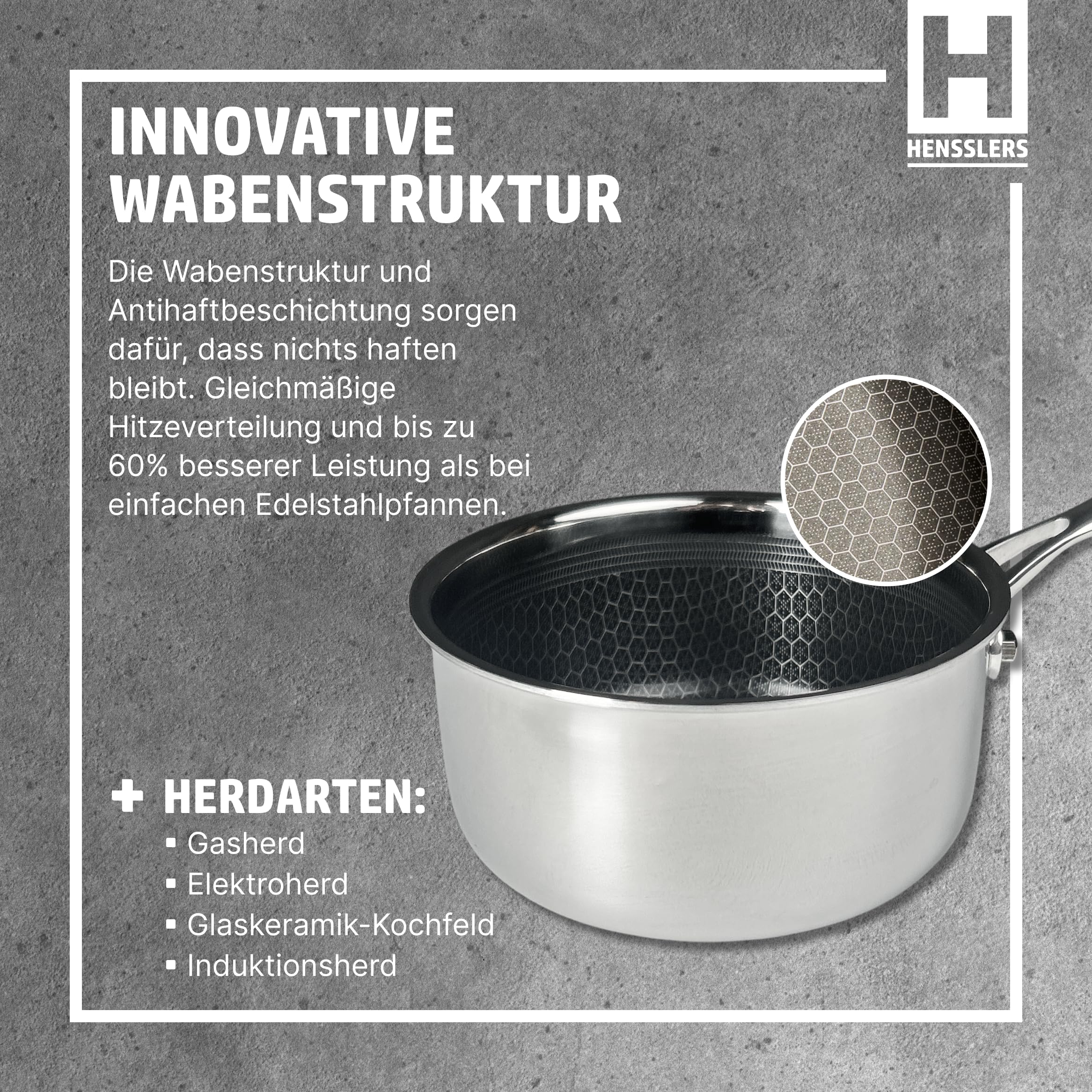 HENSSLERS® Stielkasserolle 16cm [ALLE HERDARTEN] - Saucepan aus Edelstahl - Stieltopf mit innovativer Keramikbeschichtung + Antihaftwirkung - Kochtopf klein - Mini Topf - Kasserolle Induktion geeignet