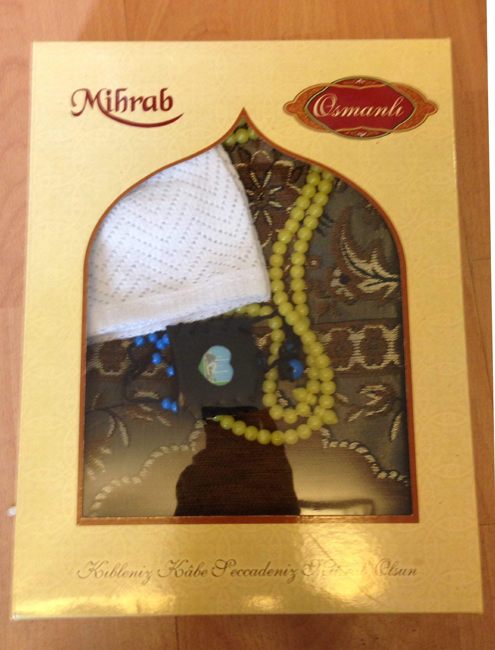 Islamic Prayer Mat/Rug with Cap, Tasbih and Tiny Mushaf (Gift Box)