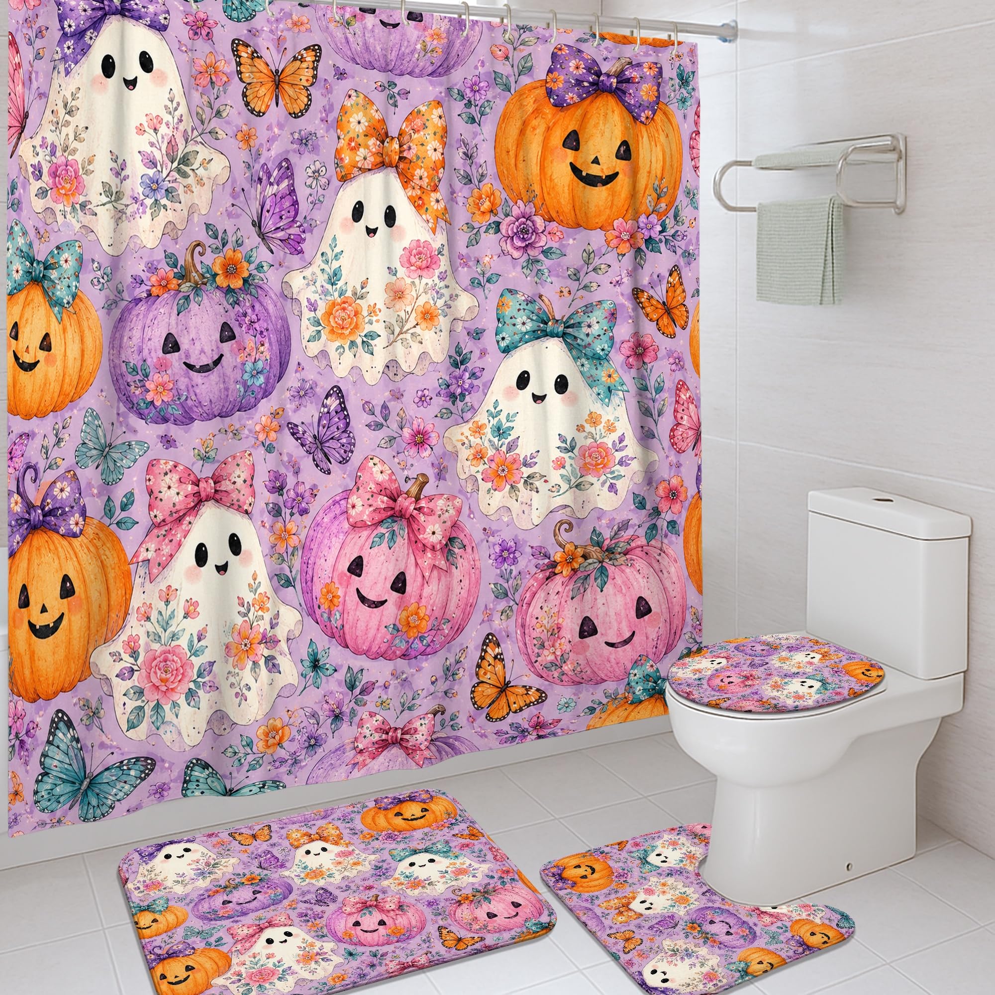 Ensemble rideau de douche fantômes et tapis de bain violet facile à nettoyer