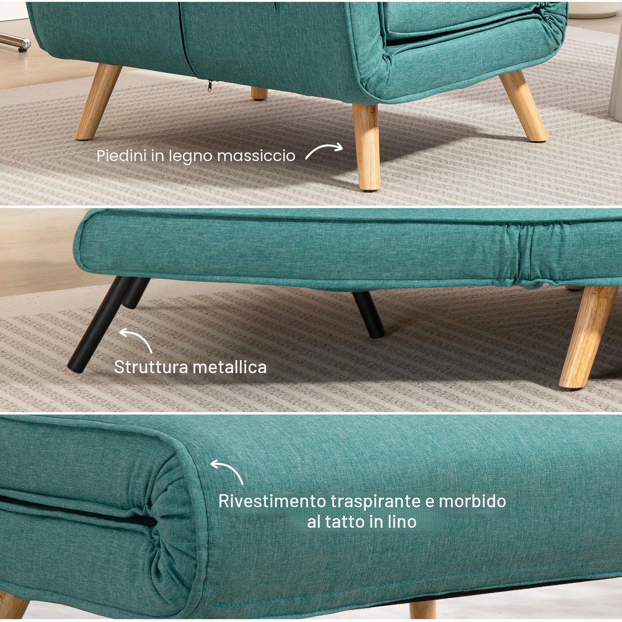 HOMCOM Poltrona convertibile 1 posto 3-in-1 con cuscino verde