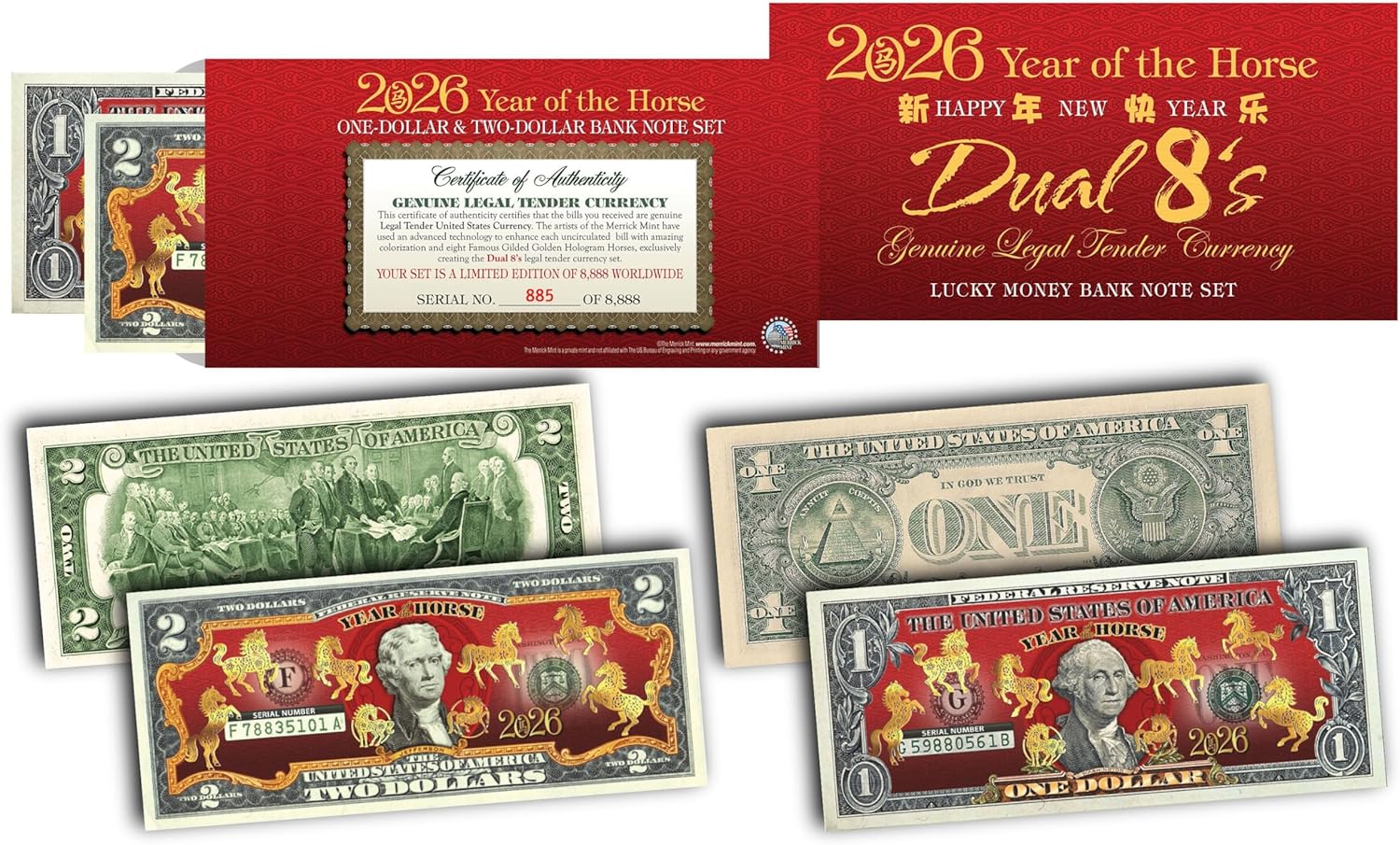 2026 Chinese Lunar New Year of The Horse Uncirculated Two and One Dollar Bill Special Edition Collectible Chinese CNY Set Dual 8’s Gold Matching Horses in RED Lunar Envelope - Limited & Numbered