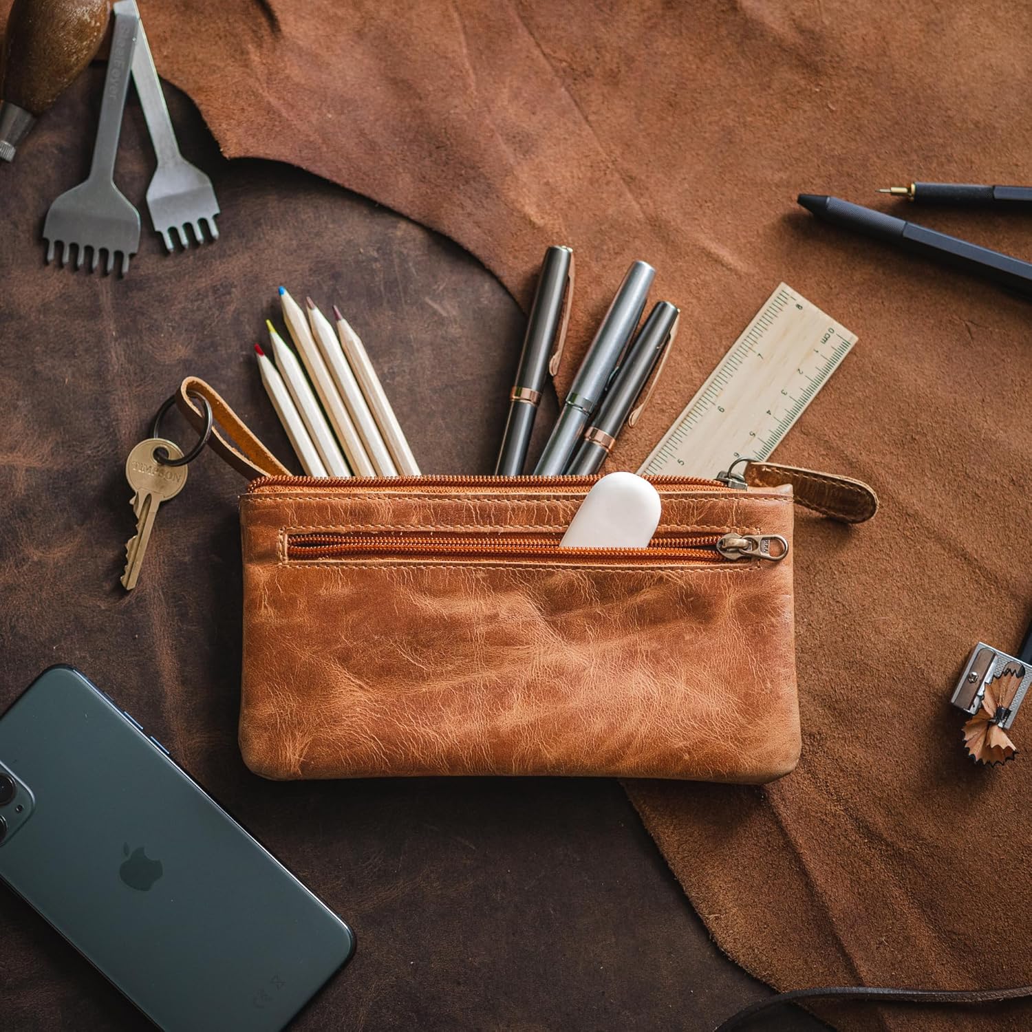 Moonster Leather Pencil Case Pouch 8" x 4" - Leather Pen Case with Zipper - Image 7