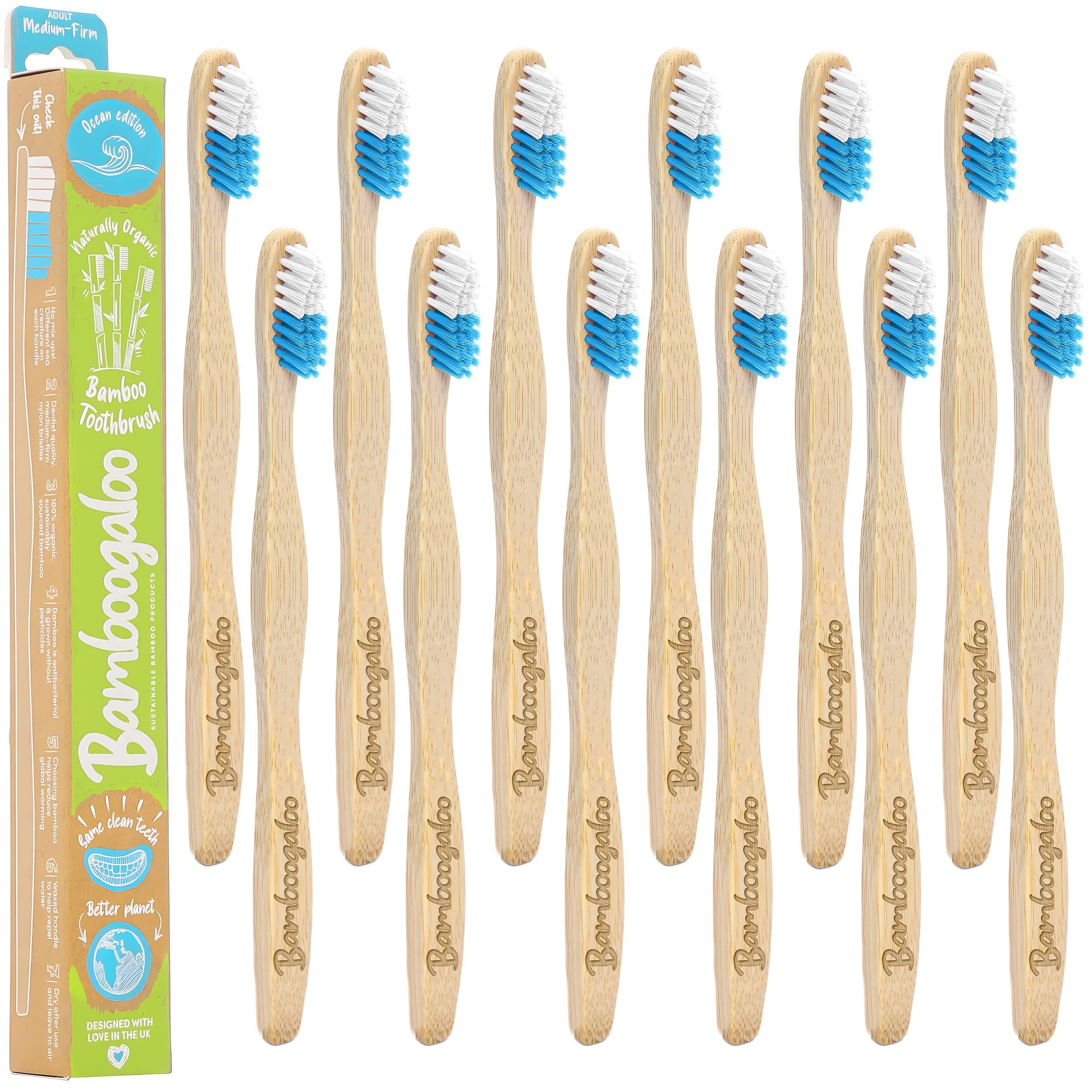 Pack of 12 Organic Adult BambooToothbrushes - Premium UK Brand, Wooden Toothbrush with Sustainable Plastic-Free Packaging, Beautifully Crafted Ocean Edition