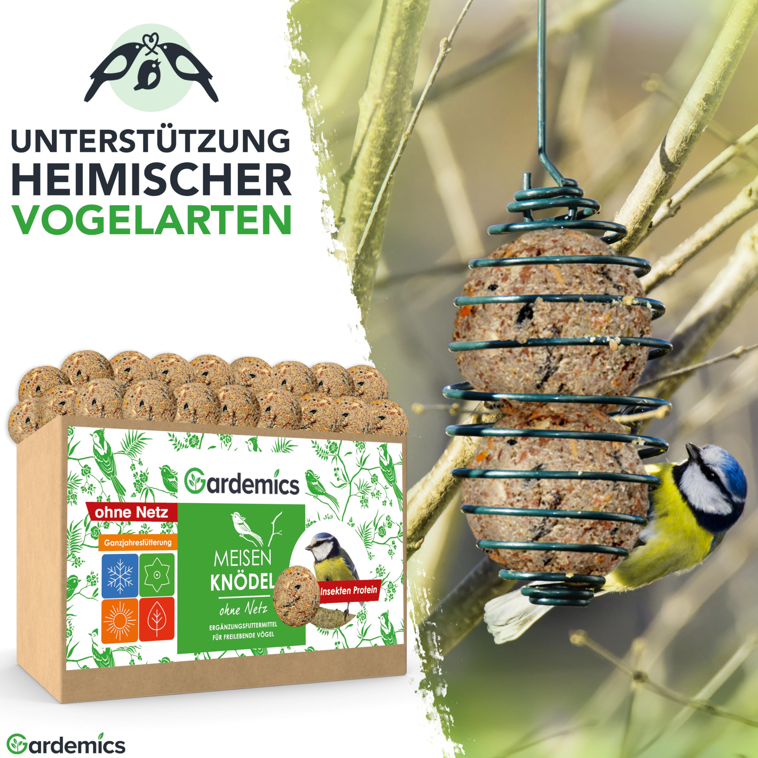 Gardemics Meisenknödel ohne Netz für Wildvögel, Insekten-Knödel [9 kg, ca. 100 Stück] Wildvogelfutter mit Insekten für Artenvielfalt im Garten | Proteinreiches Ganzjahresfutter
