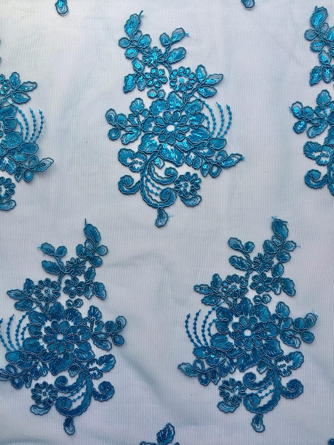 Brianna Turquoise Polyester Floral Embroidery with Sequins on Mesh Lace Fabric by The Yard - 10020