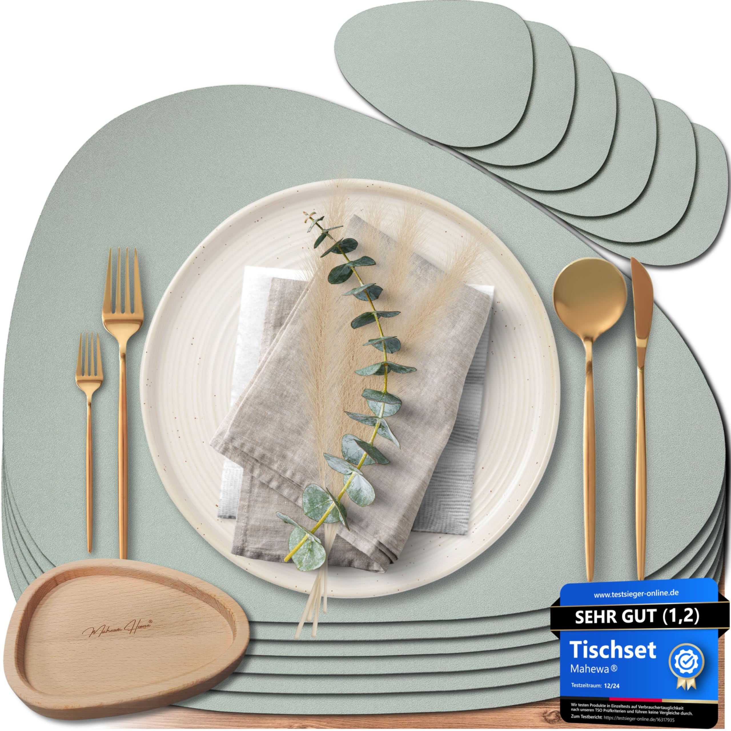 Mahewa® Lot de 6 sets de table premium en similicuir - Sets de table lavables et imperméables - Sous-verre en aspect cuir (vert sauge, ovale avec support)