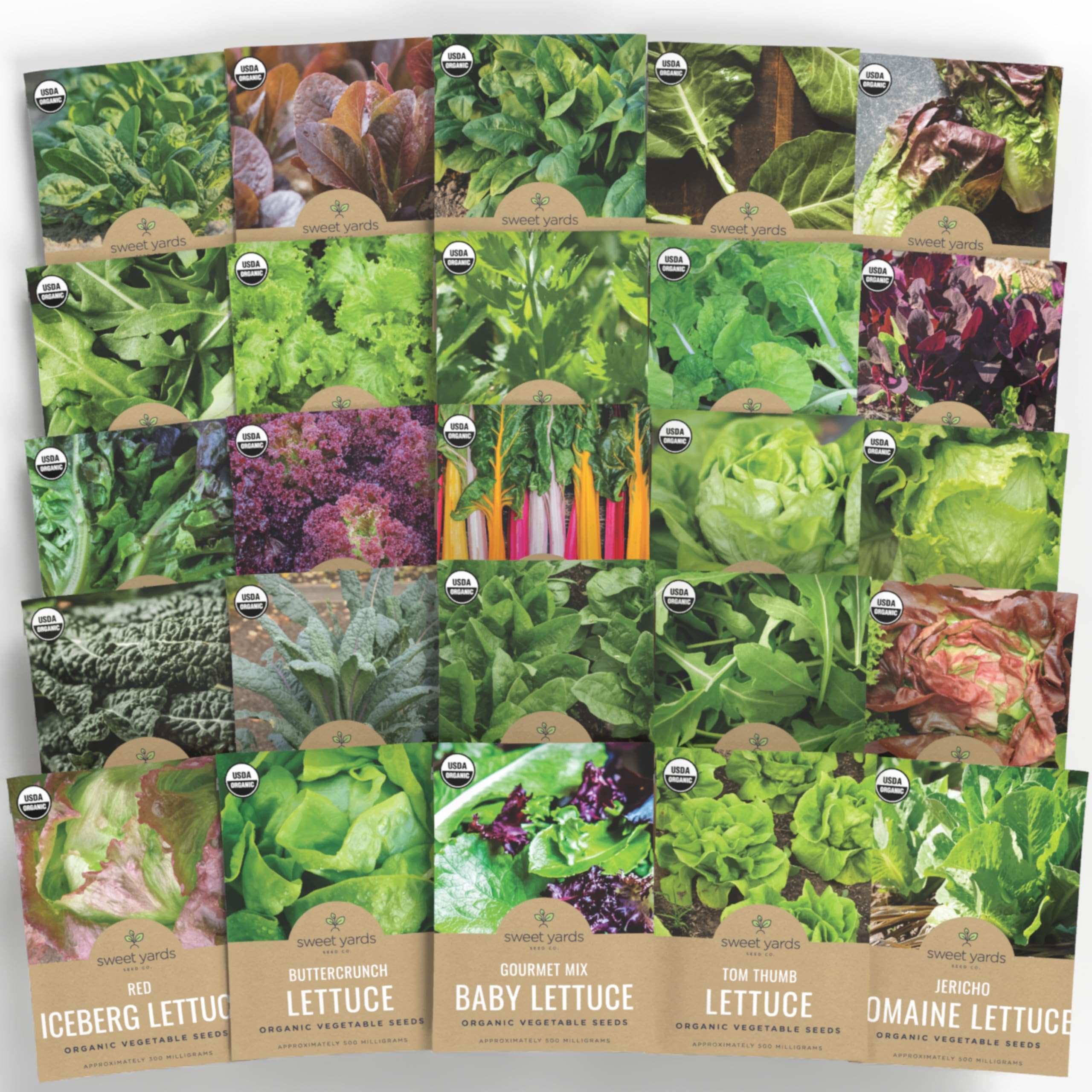 Organic Lettuce & Greens Seed Variety Pack - 25 Individual Packs - 2025 Season - Lacinato Kale, Roquette Arugula, Red Oakleaf Lettuce and More! for Indoor & Outdoor Planting