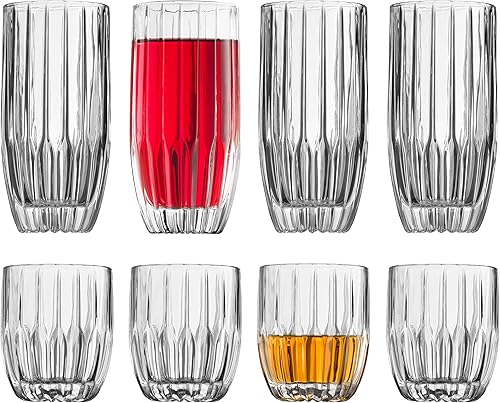 Godinger Juego de vasos para beber, juego de 8 piezas, vasos de whisky y highball - 4 bolas altas (12 onzas) y 4 vasos de whisky (10 onzas)