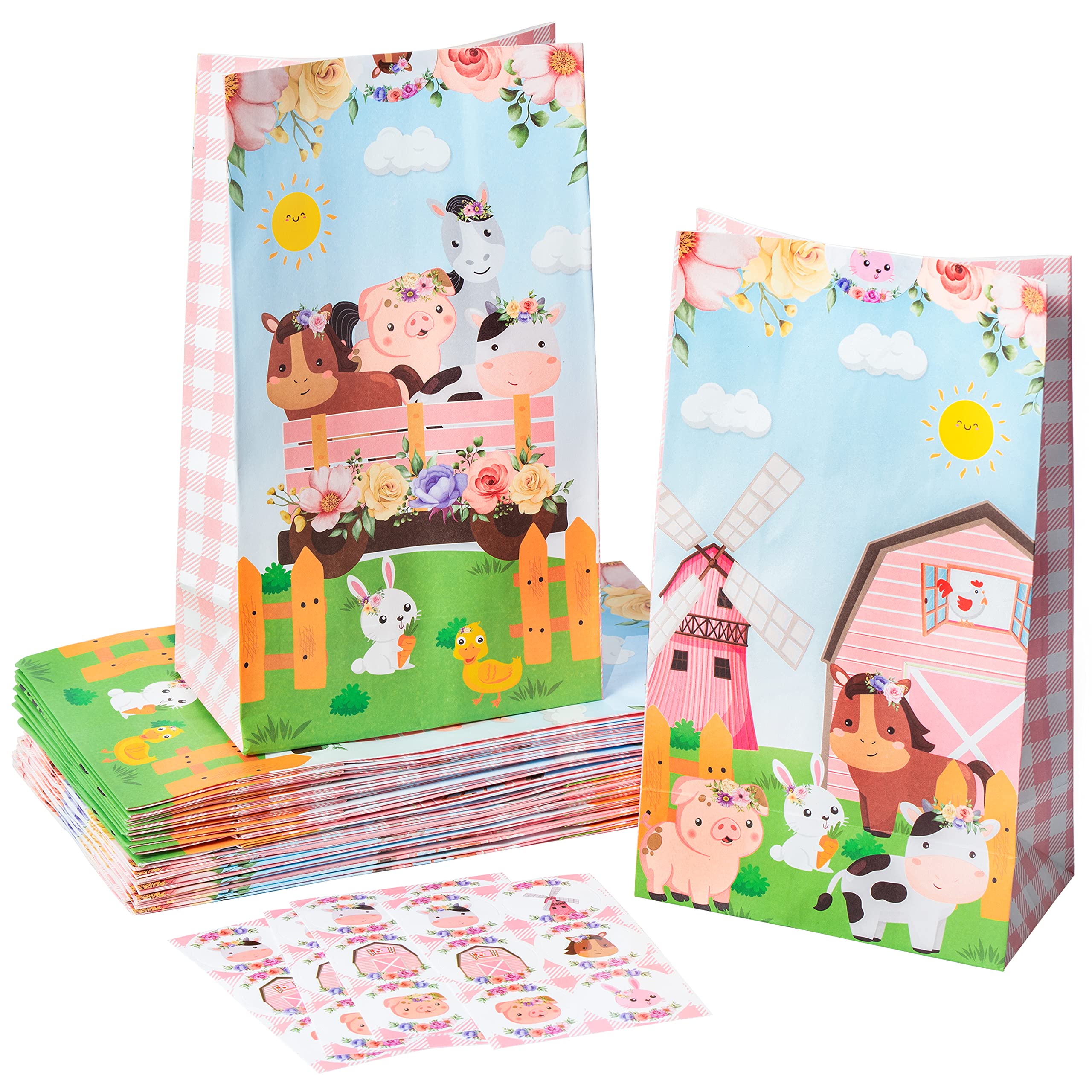 24Pcs Floral Farm Animals Party Favor Bags Pink Flower Barnyard Treat Goody Bags Farm Animals Theme Candy Treat Bags Birthday Party Paper Bags Baby Shower Party Dessert Bags with Stickers for Girls