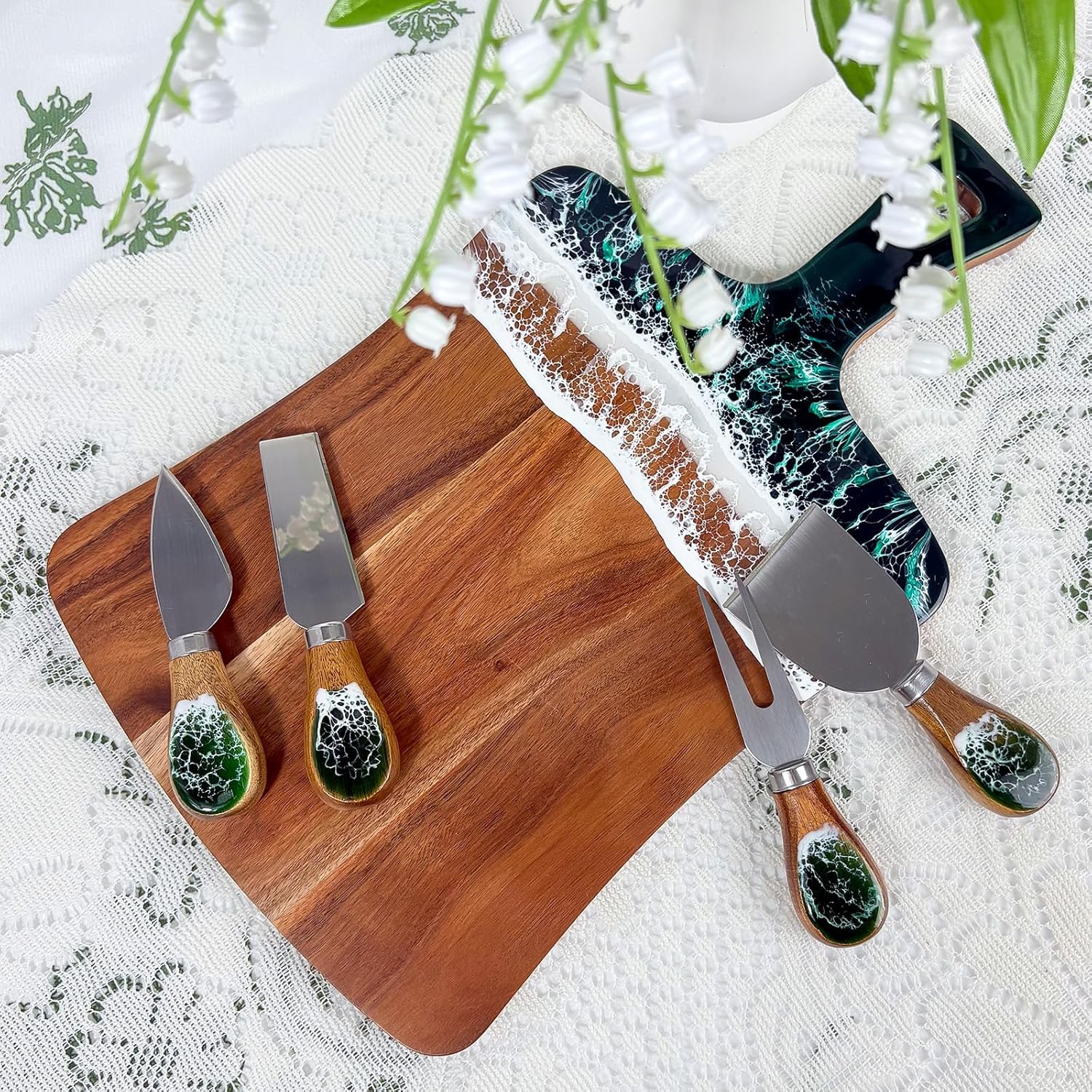 Charcuterie Boards with Resin Cheese Knives, Wood Resin Cheese Platter - Cheese Tray with Cheese Utensils, Fruit Tray, and 4 Cheese Knives House Warming Gifts New Home, Wedding Gift for Couple