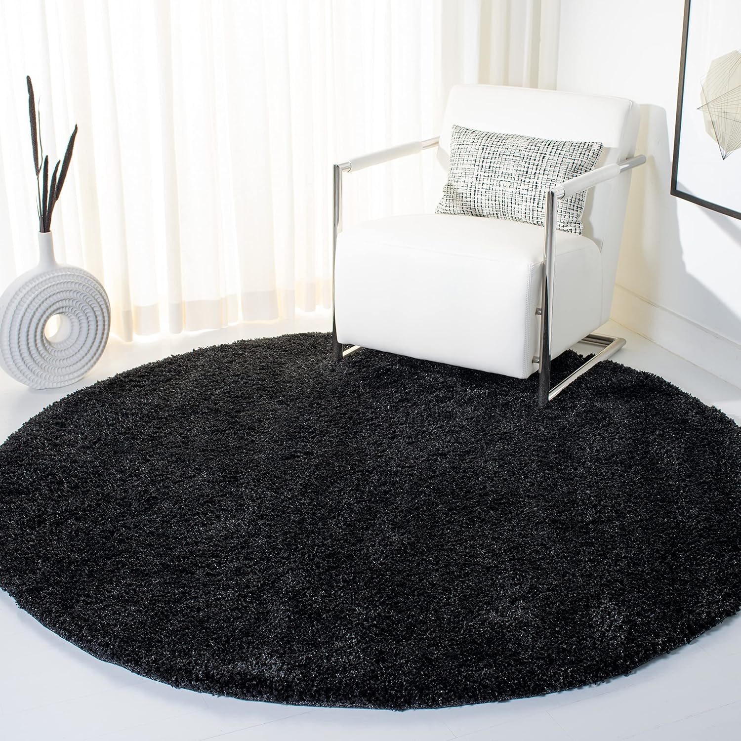SAFAVIEH California Premium Shag Collection 4' Round Black SG151 Non-Shedding Living Room Bedroom Dining Room Entryway Plush 2-inch Thick Area Rug