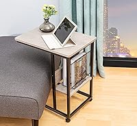 Vista 4 de JJS Mesa lateral C con soporte para revistas para sofá, sala de estar, mesa de aperitivos que se desliza debajo para espacios pequeños, cemento/negro