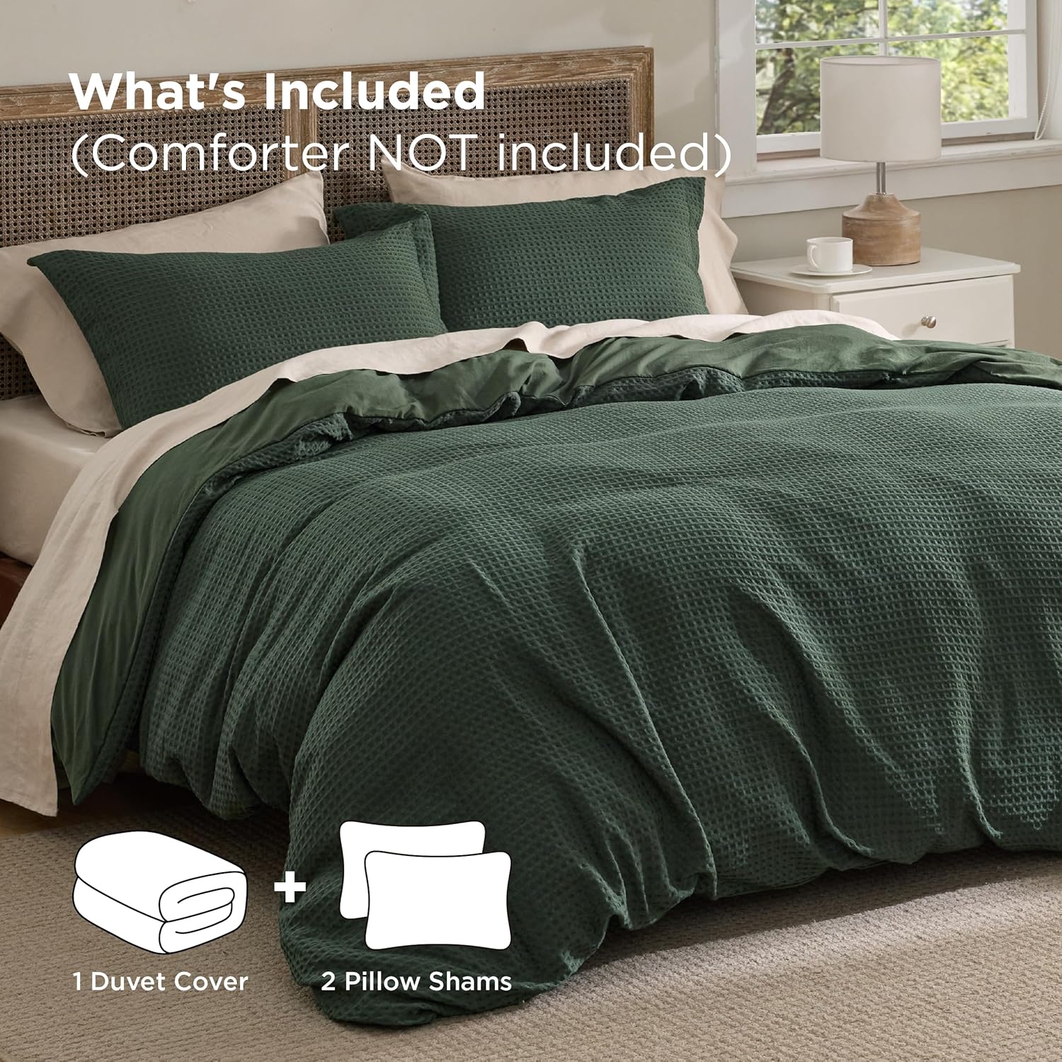 Bedsure Luxury Waffle Duvet Cover Queen Size - Textured Duvet Cover Set, Soft, Breathable Bedding Set (90"x90") with 2 Pillow Shams for All Season, Forest Green, Comforter Not Included - Image 6