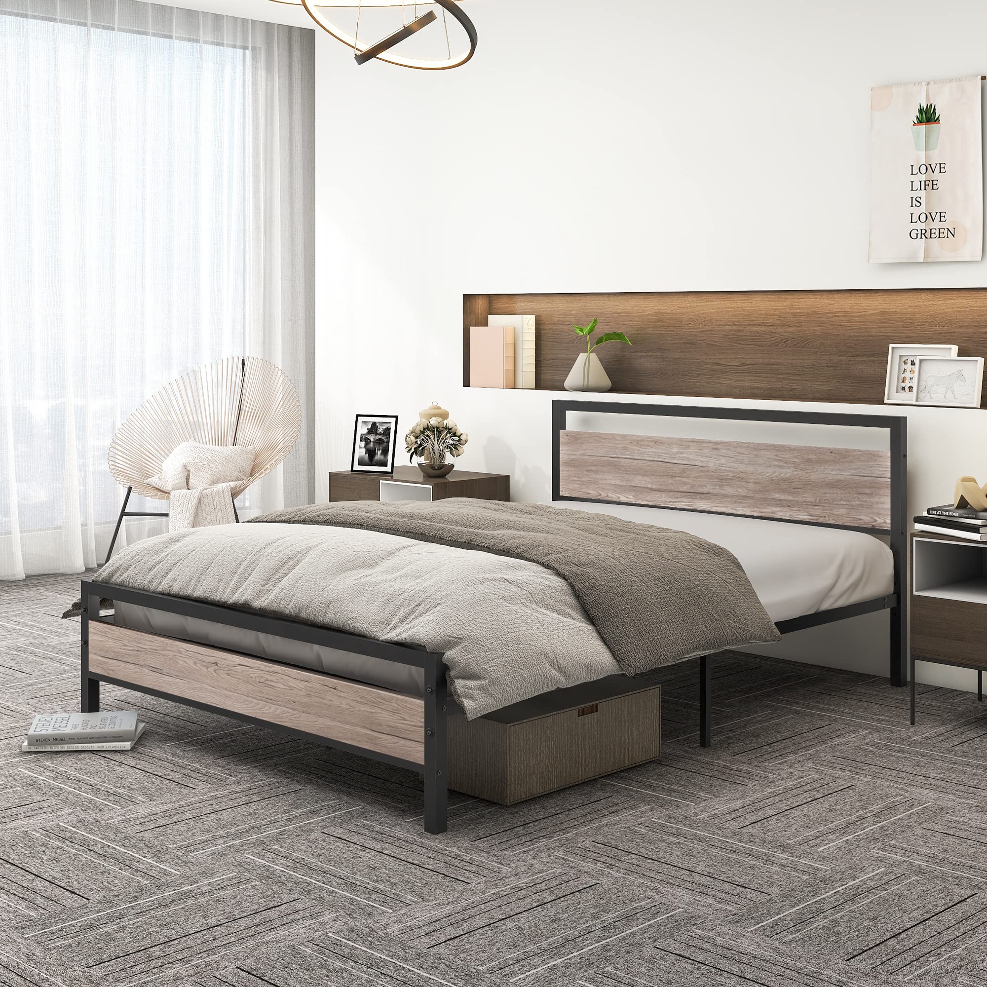 Heavy Duty Queen Size Metal Bed Frame with Wooden Headboard and Footboard,Platform Bed Frame Strong Slats Mattress Foundation No Box Spring Needed,Black+Teak Oak