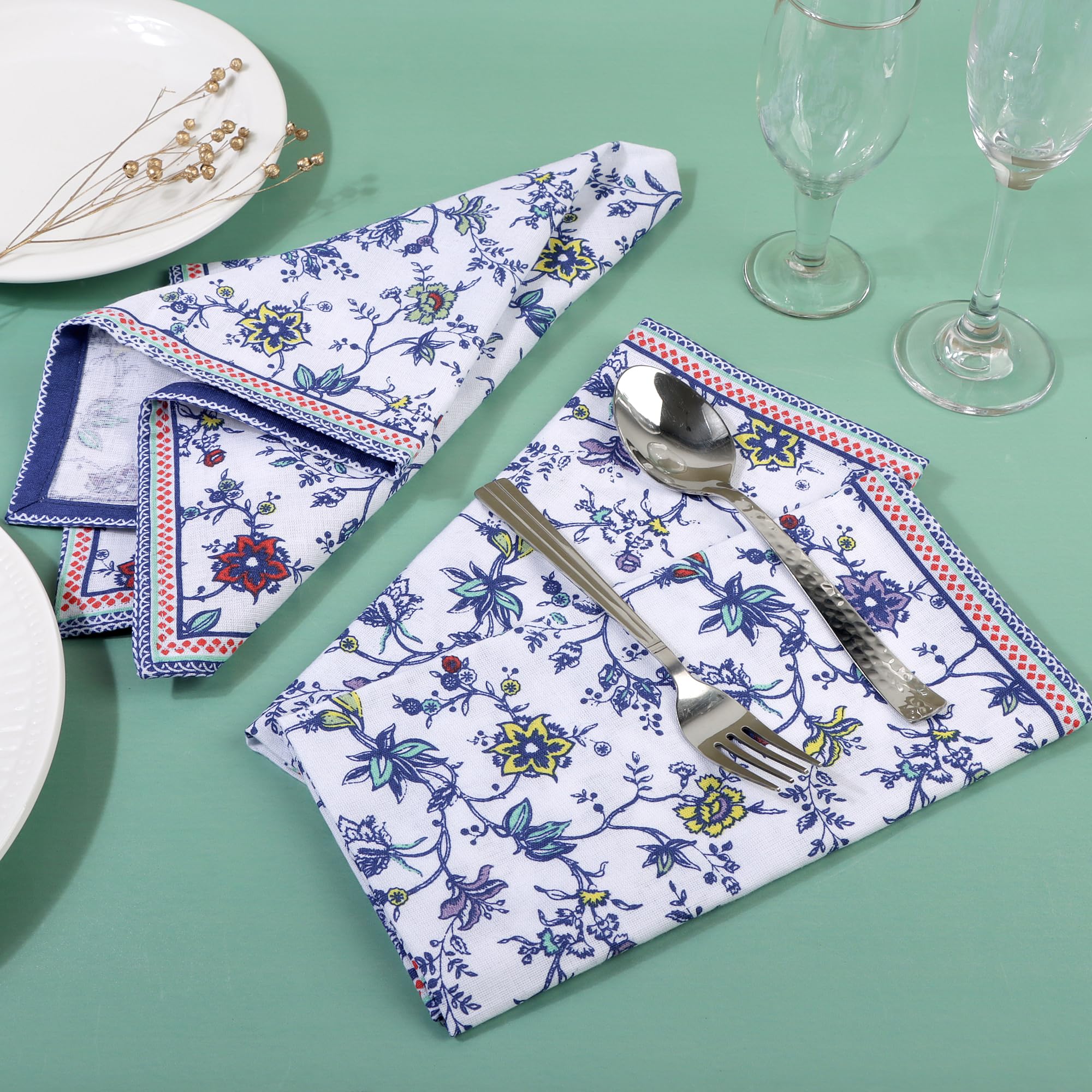 Lot de 12 serviettes de table imprimées FINGERCRAFT en coton et lin avec coins à onglets, lavables et réutilisables, 50,8 x 50,8 cm, bleu prairie
