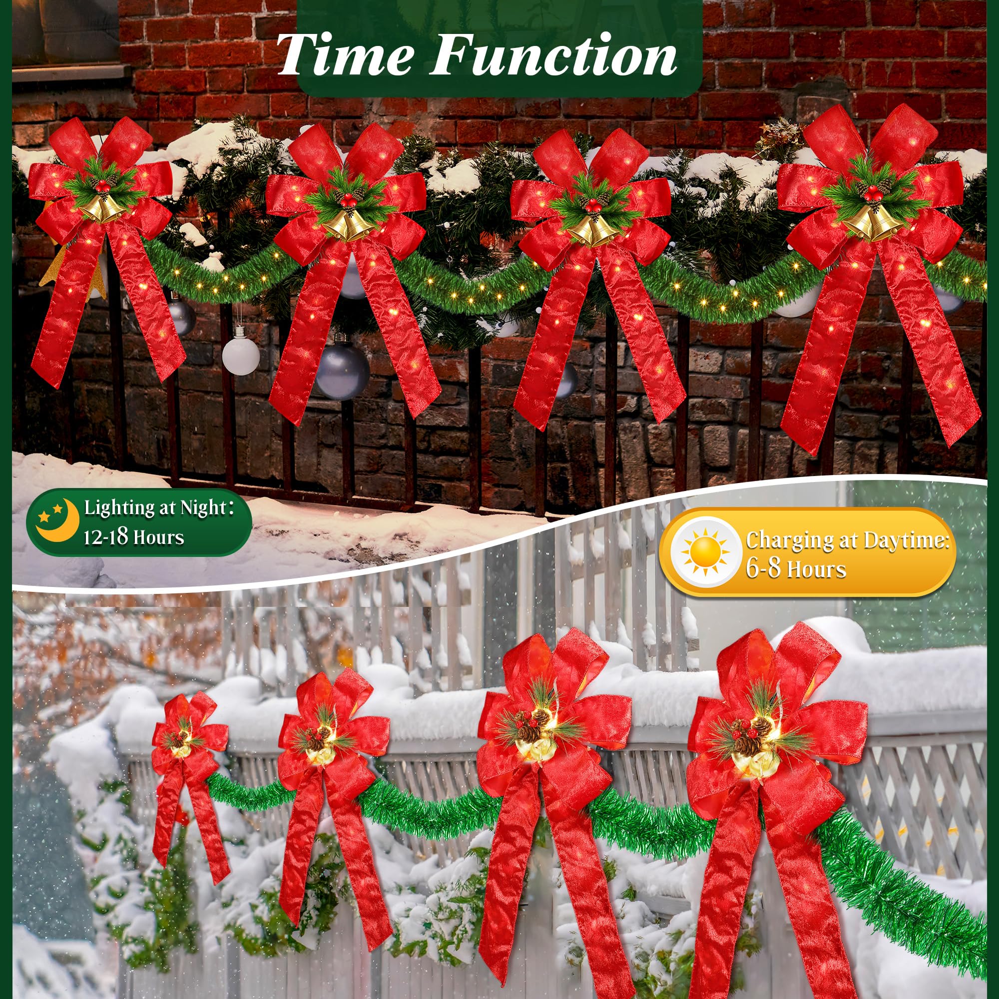 Nœuds de Noël de 4 m pour décoration de clôture, grands nœuds de Noël éclairés à 140 DEL avec 8 modes et minuterie pour porte d'entrée de fête, cheminée (rouge, guirlande artificielle)