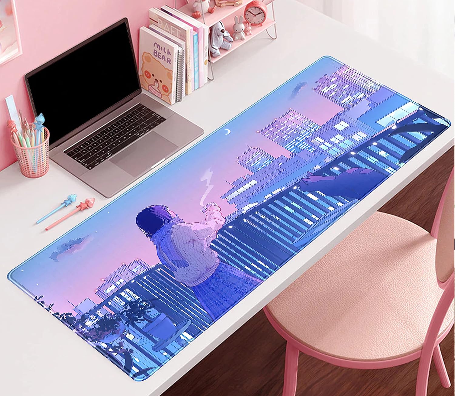 Purple Anime Kawaii Desk Mat Mousepad Cute Cat XXL Large Gaming Japanese Girly Aesthetic Mouse Pad Tokyo Street Desk Mat 31.5x15.75 in, Girl Gamer Desktop Mat Computer Laptop Keyboard Mouse Mat - Image 2