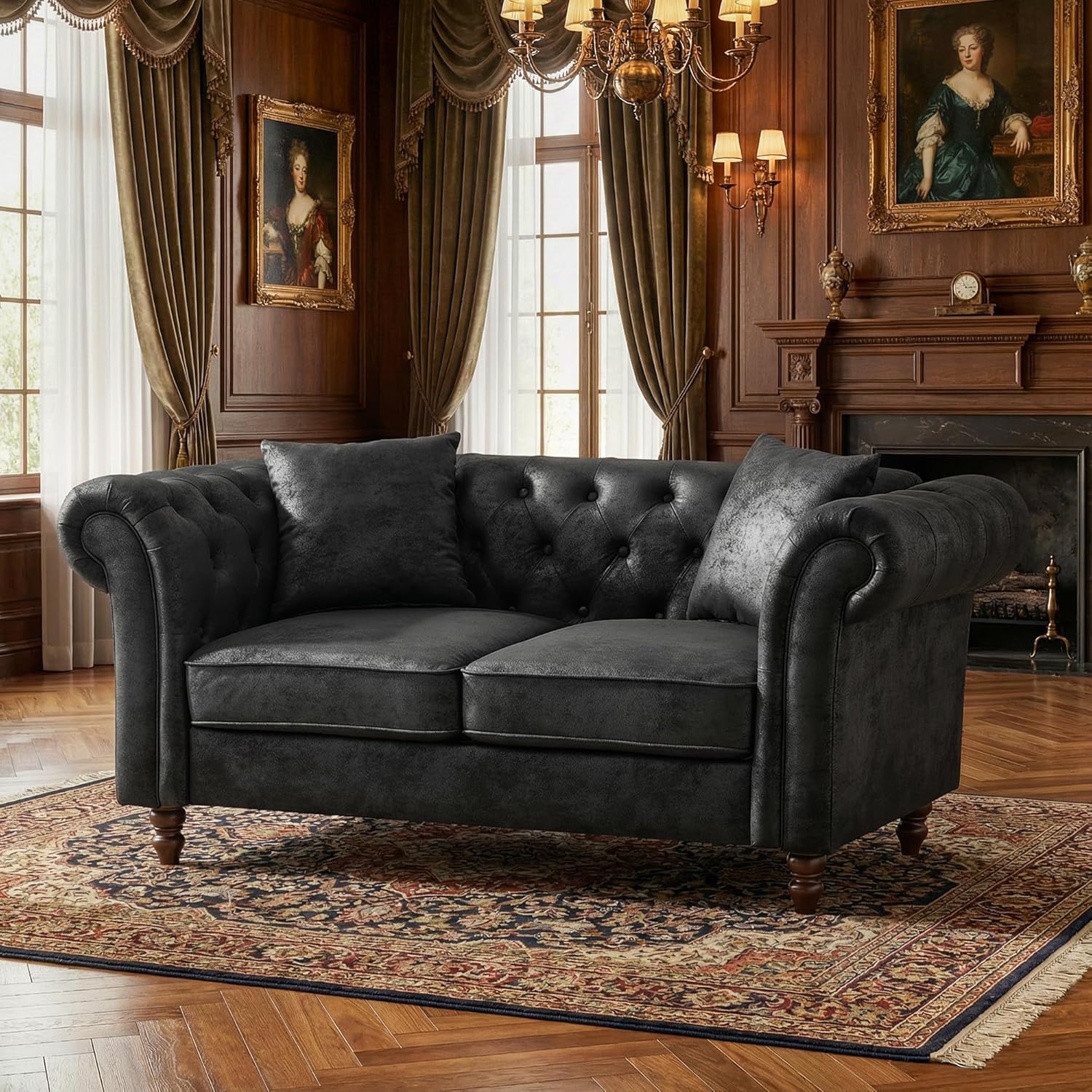 Chesterfield Leather Sofa, 66" Classic Love Seat Couches with Deep Button Tufting & Rolled Arms, Vintage Upholstered Faux Leather for Living Room Office, Distressed Black