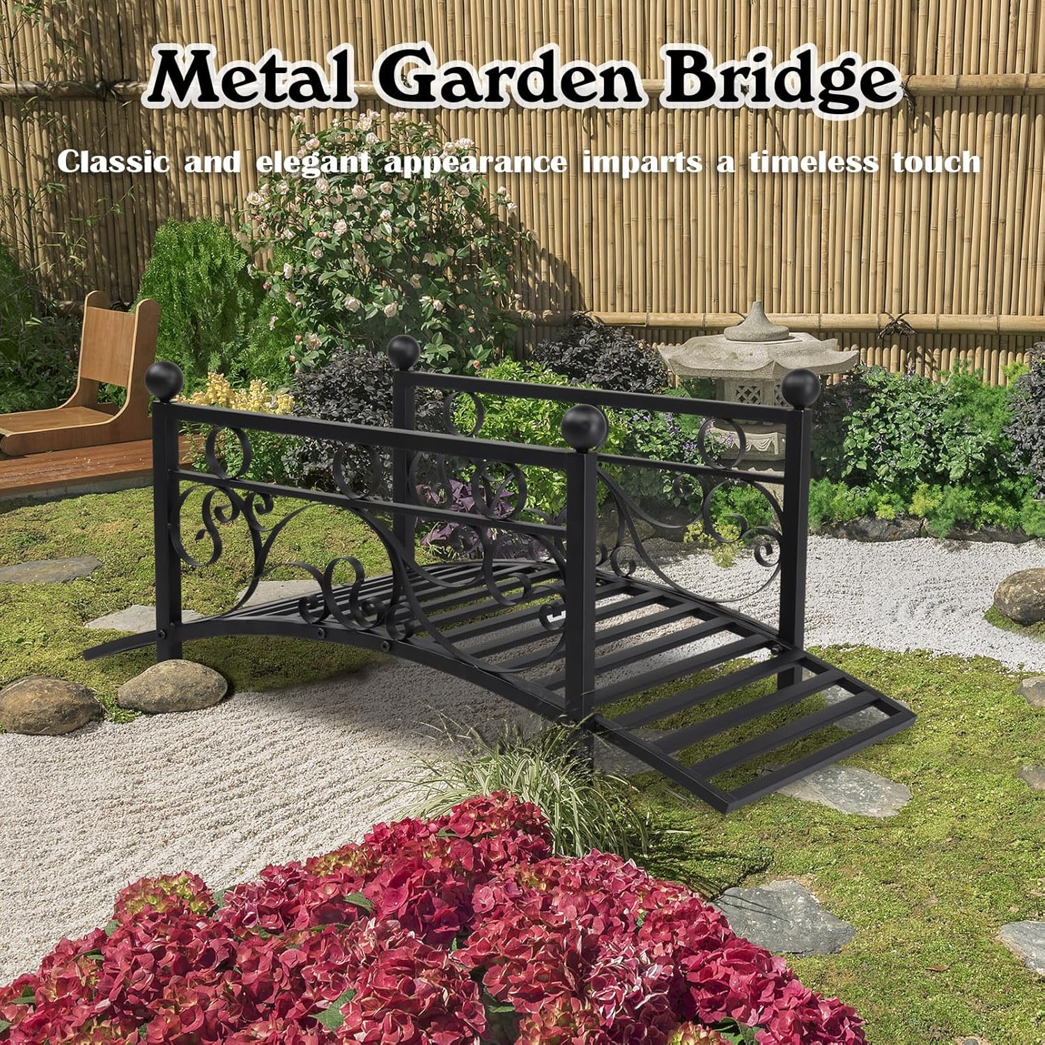 40.16" Metal Arch Garden Bridge, Ourdoor Decorative Iron Foot Bridge with Round Ball and Flat Top Handrail, Arch Footbridge Walkway for Garden Yard Backyard Creek Farm Stream (Matte Black)