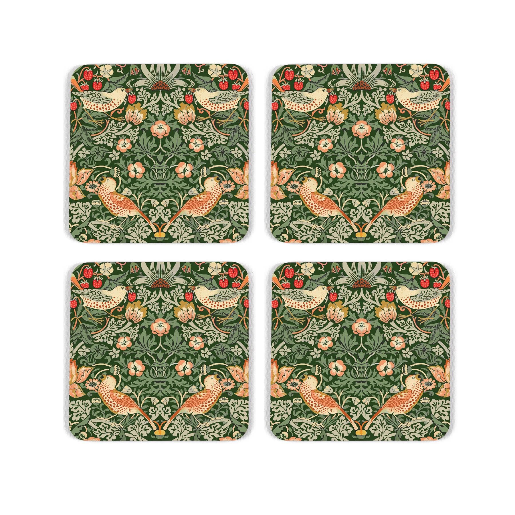Green Strawberry Thief Cork Coaster Set - William Morris Artwork Gifts