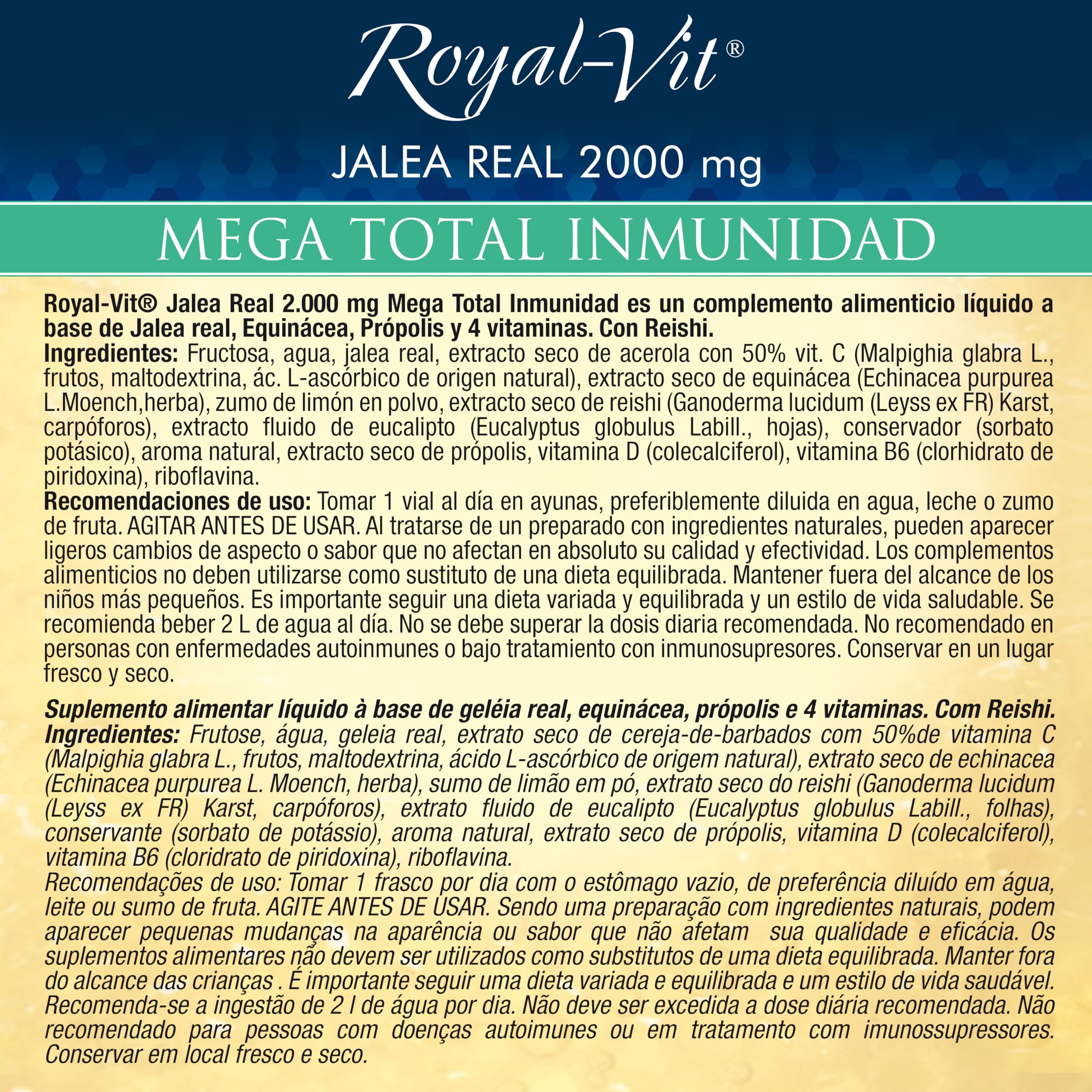 Royal Vit, Jalea Real 2000mg Mega Total Inmunidad, con 2000mg de Jalea Real, Reishi, Própolis y Equinácea que ayuda a las defensas naturales del organismo, Formato mensual - 30 viales