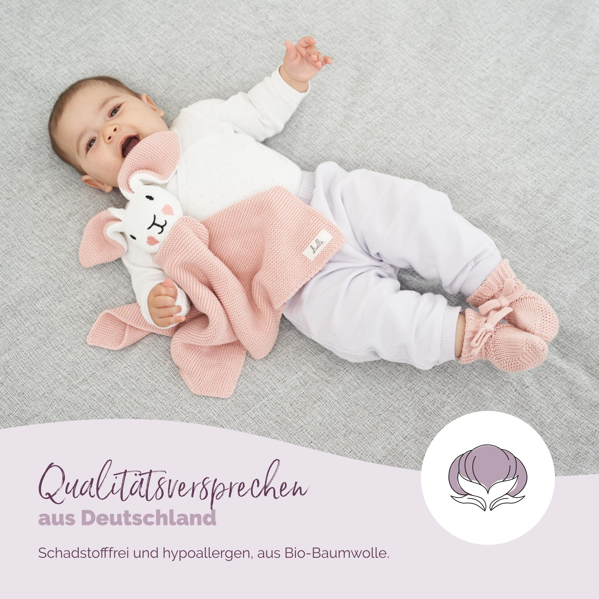 Livella Kuscheltuch „Hase“ mit Söckchen - Reine Bio-Baumwolle – Premium Schmusetuch, Kuscheldecke, Schmusedecke, Strickdecke - Samtweich & atmungsaktiv - Oeko-TEX® Standard 100 und GOTS Zertifiziert