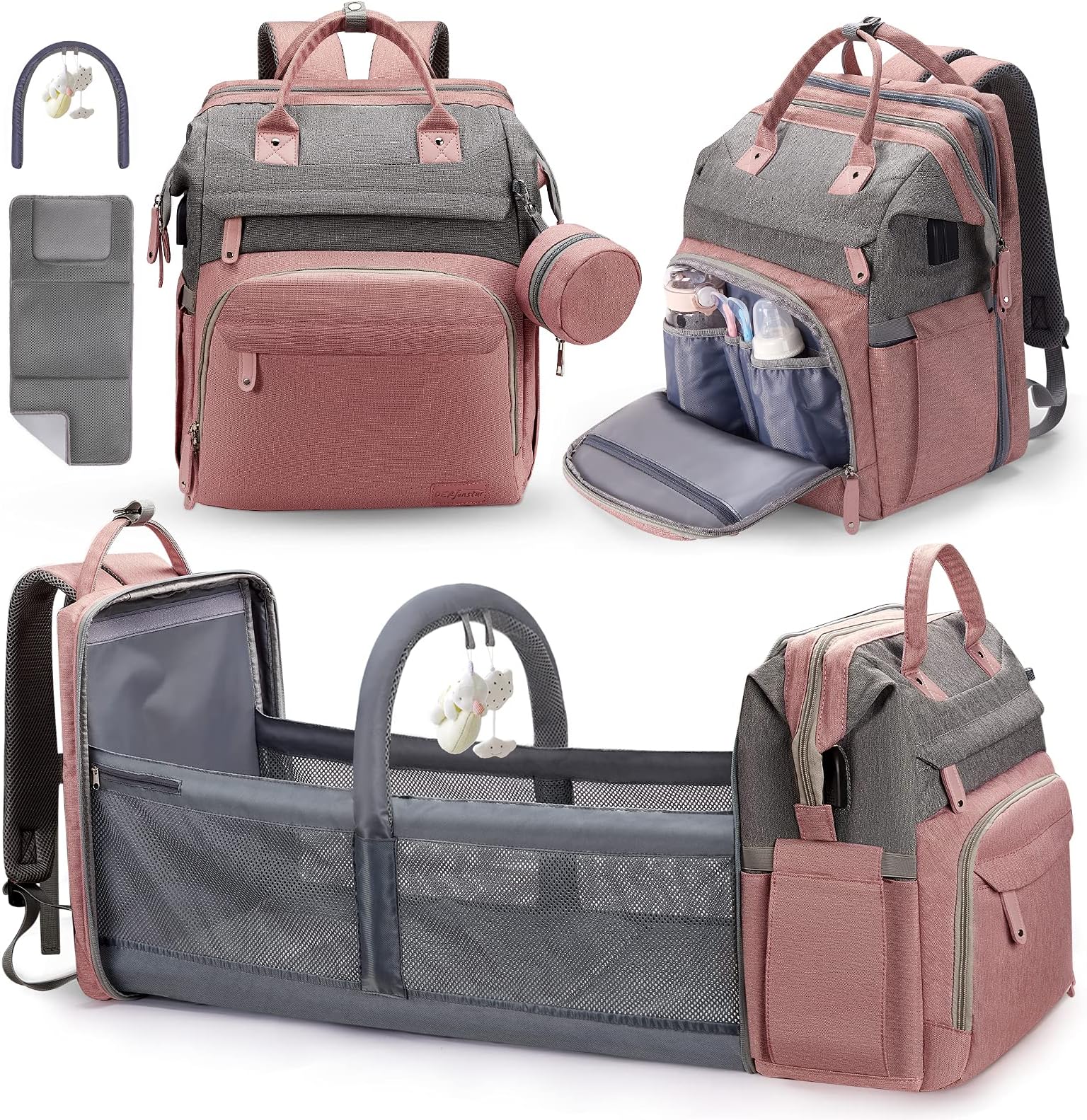 DERJUNSTAR Baby Diaper Bag Backpack with ChangingStation-Large Capacity Baby Bag for Boys & Girls, USBCharging Port, Pacifier Case, sunshade & Toy Bar,Waterproof, Baby Pink
