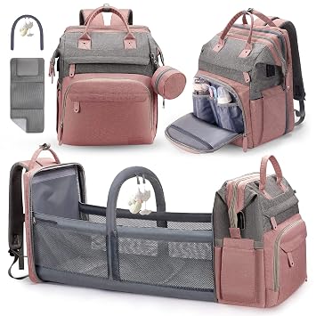 DERJUNSTAR Baby Diaper Bag Backpack with ChangingStation-Large Capacity Baby Bag for Boys & Girls, USBCharging Port, Pacifier Case, sunshade & Toy Bar,Waterproof, Baby Pink