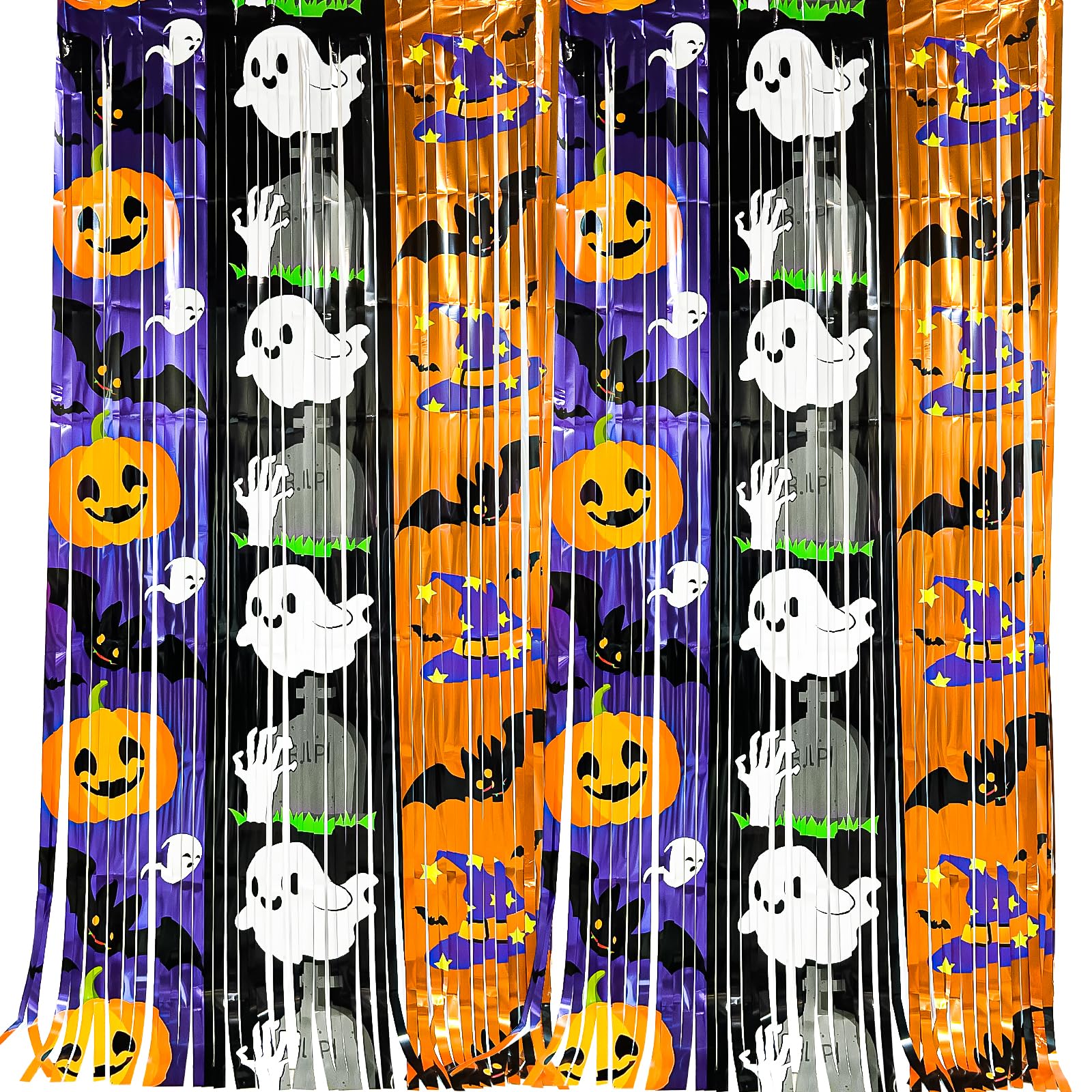 2 Pack Halloween Pumpkin, Ghost, Bat, Witch Party Decorations 3.28 x 6.56 Ft Tinsel Foil Fringe Curtains, Photo Booth Prop Backdrop Streamer, HalloweenTheme Birthday Party Decor — image 1
