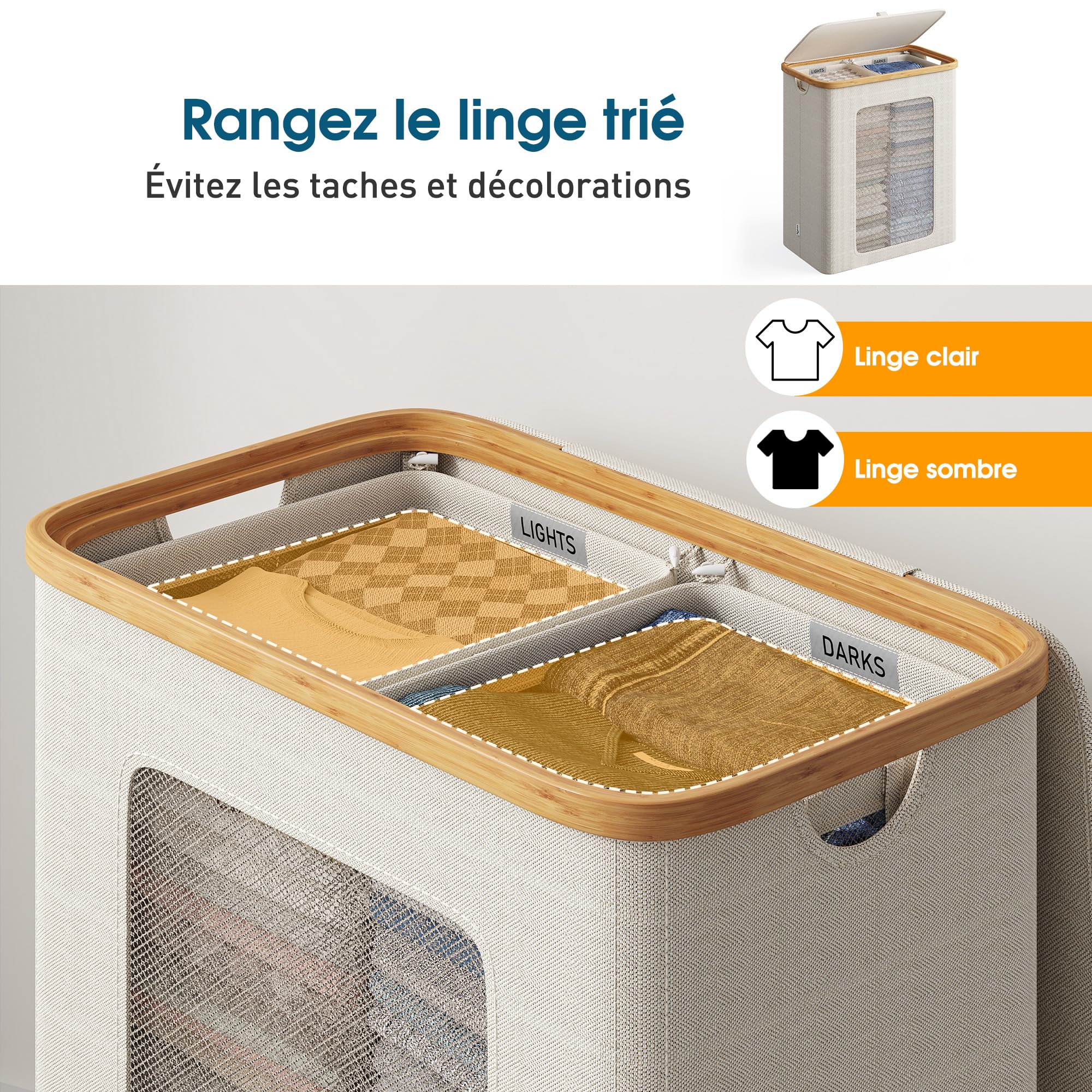 Panier à Linge 2 Compartiments avec Couvercle 140L, en Cadr Bambou & Tissu Oxford 600D Étanche, panier linge sale avec Sacs Intérieurs Amovibles, parfait pour la Buanderie, la Chambre, Beige