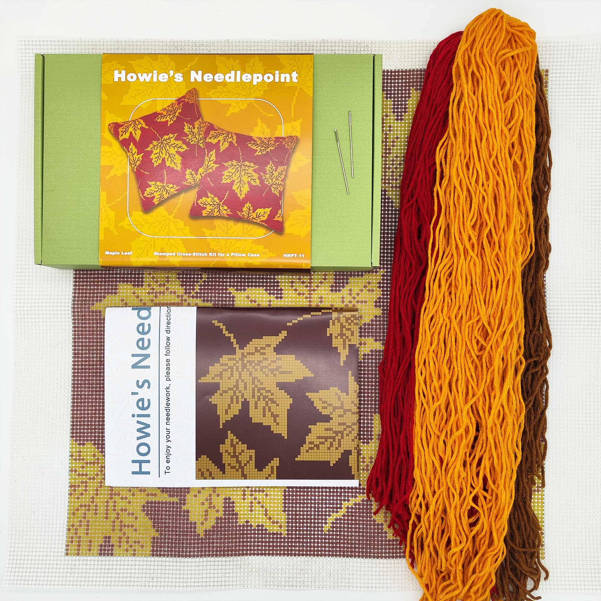 Howie's Needlepoint Needlepoint Kits for Adults, Pillow Front Cross Stitch Kit with Embroidery Pattern on Canvas, Yarn, 2 Needles and Instruction, 16 x 16inch(Maple Leaf)
