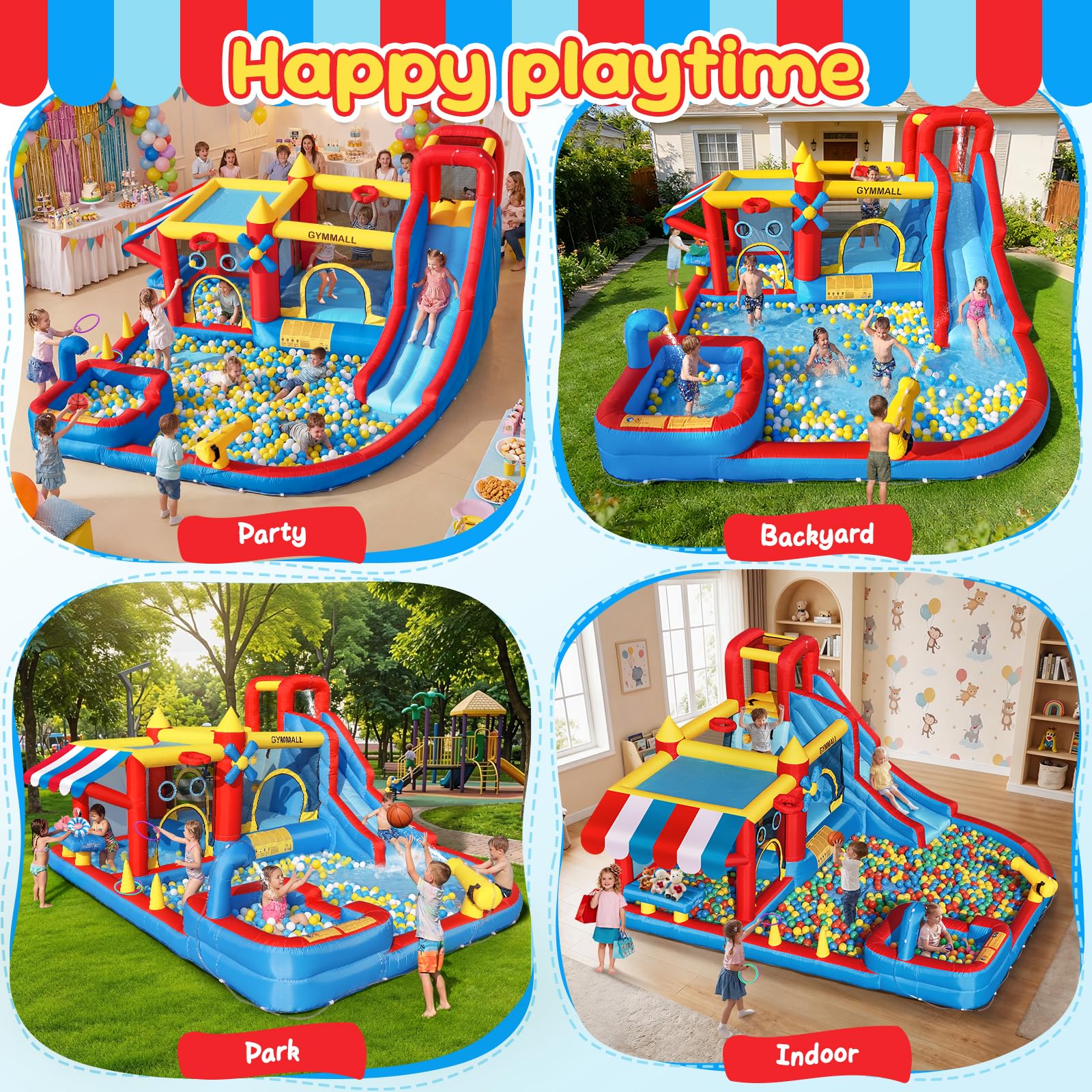 Castello Gonfiabile 10-in-1 Bambini – Supermercato Simulato, Scivolo d'Acqua, Piscinetta, Scivolo Lungo, Trampolino, Ventilatore 550W – Perfetto per Compleanni, Feste, Vacanze