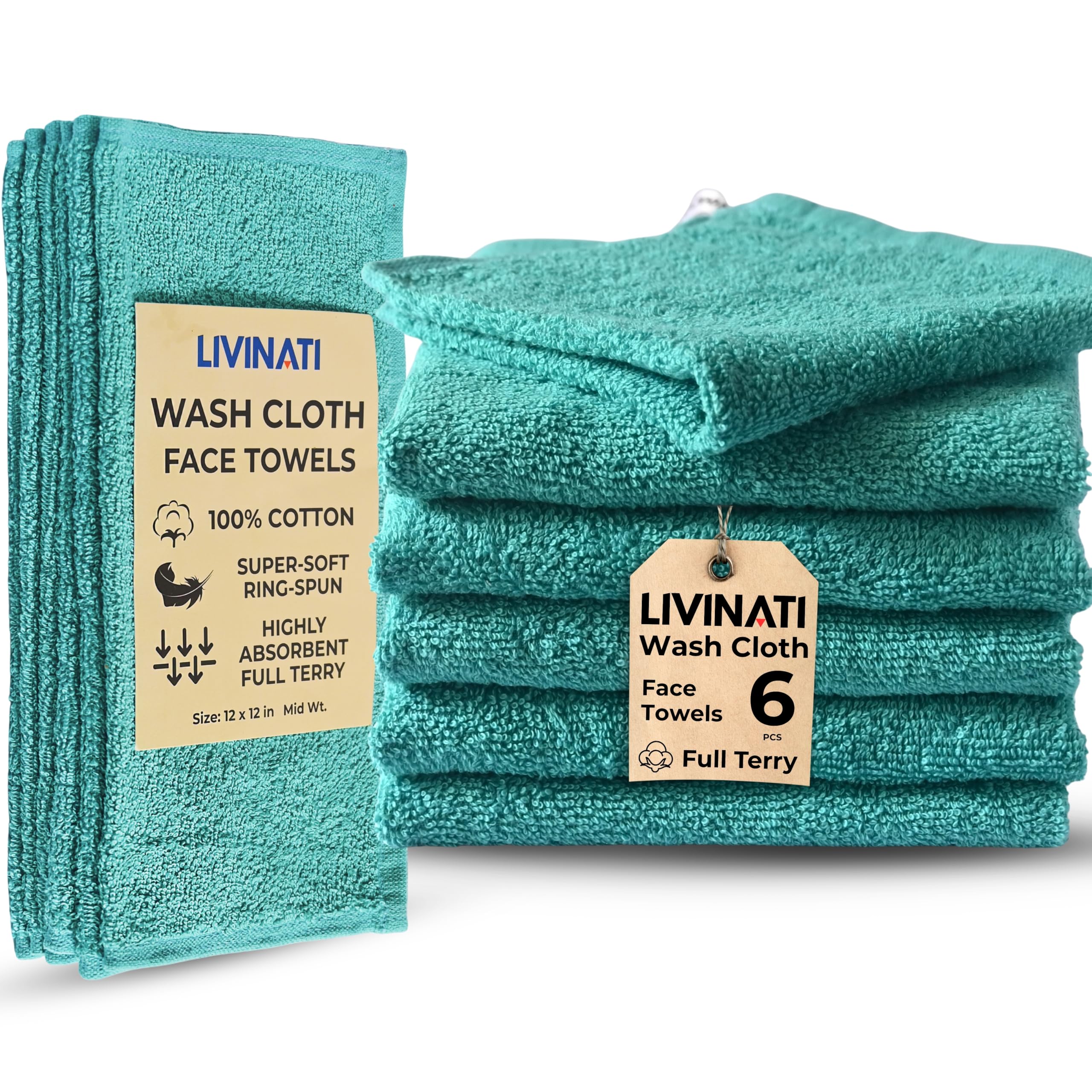 Turquoise 100% Cotton Wash Cloths For Showering Body And Face - 12"X12" 6 Pack Washcloths - Small Terry Towel Bath Rags For Adults And Kids Bathroom - Soft Absorbent