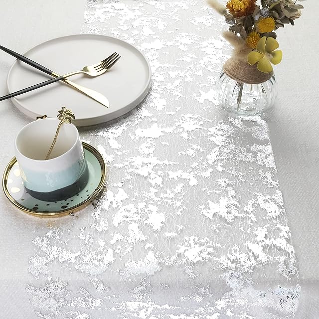 WELTRXE Table Runner with Silver Foil, 28cm x 15M Sparkling Polyester Tulle Ribbon Roll, Shiny Netting Gift Floral Wrapping Paper Rolls,Glitter Table Decoration, Birthday Party Wedding Christmas Decor