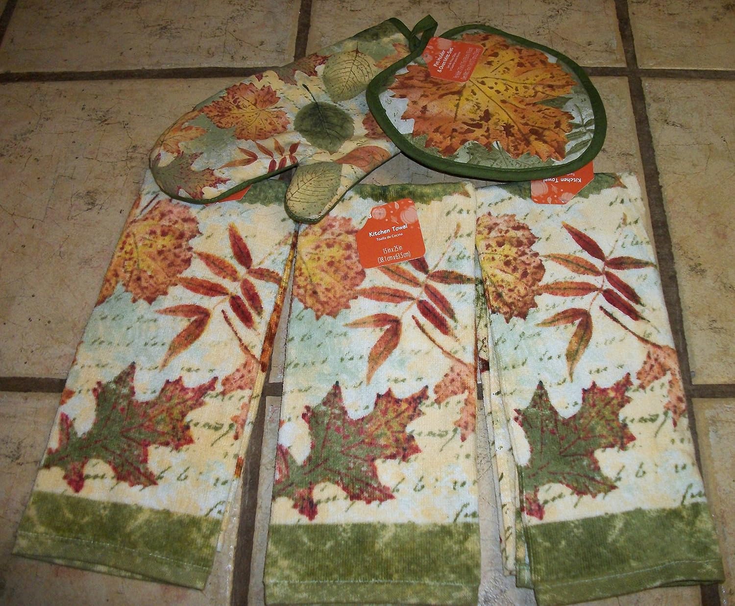 Fall Leaves Thick Velour Dish Towels and Matching Oven Mitt
