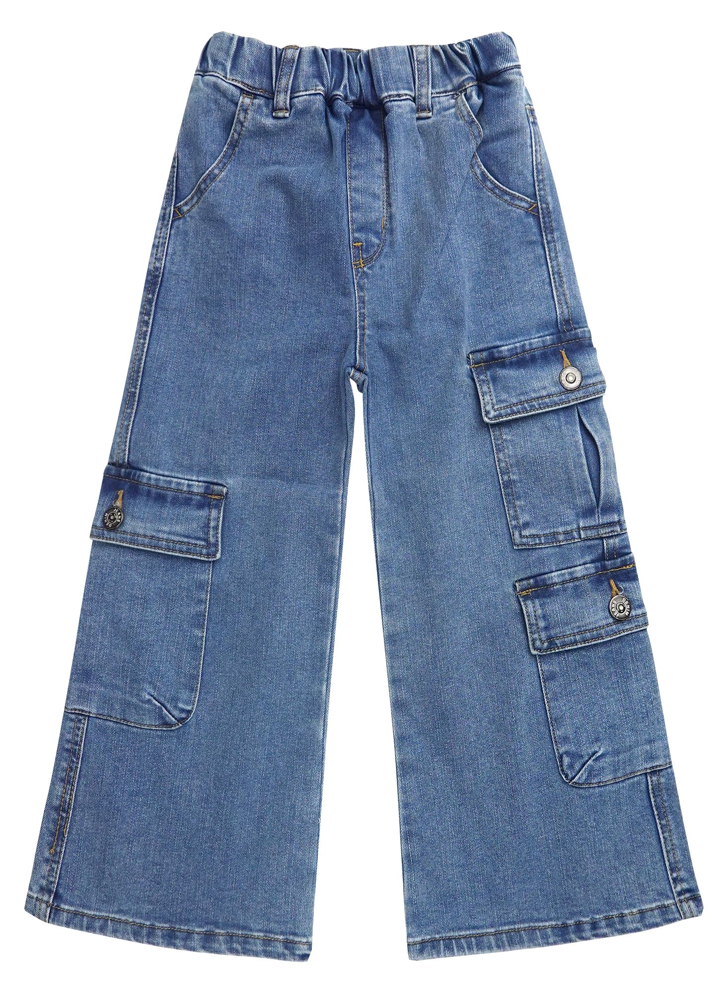 KIDSCOOL SPACE Pantaloni in denim elasticizzato a gamba larga da ragazza con 7 tasche, vita elastica a costine 5-14T con jeans cargo con anello a D