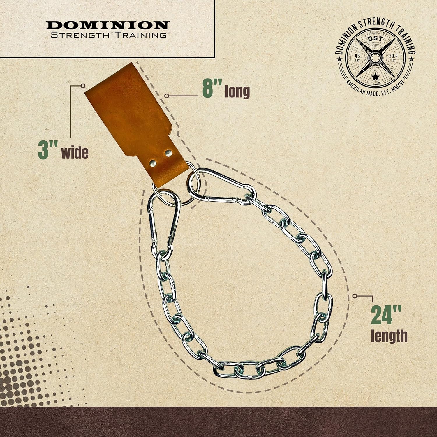 Leather Dip Belt Strap with Chain for Weight Lifting - For Weighted Dips and Pullups - Made in the USA