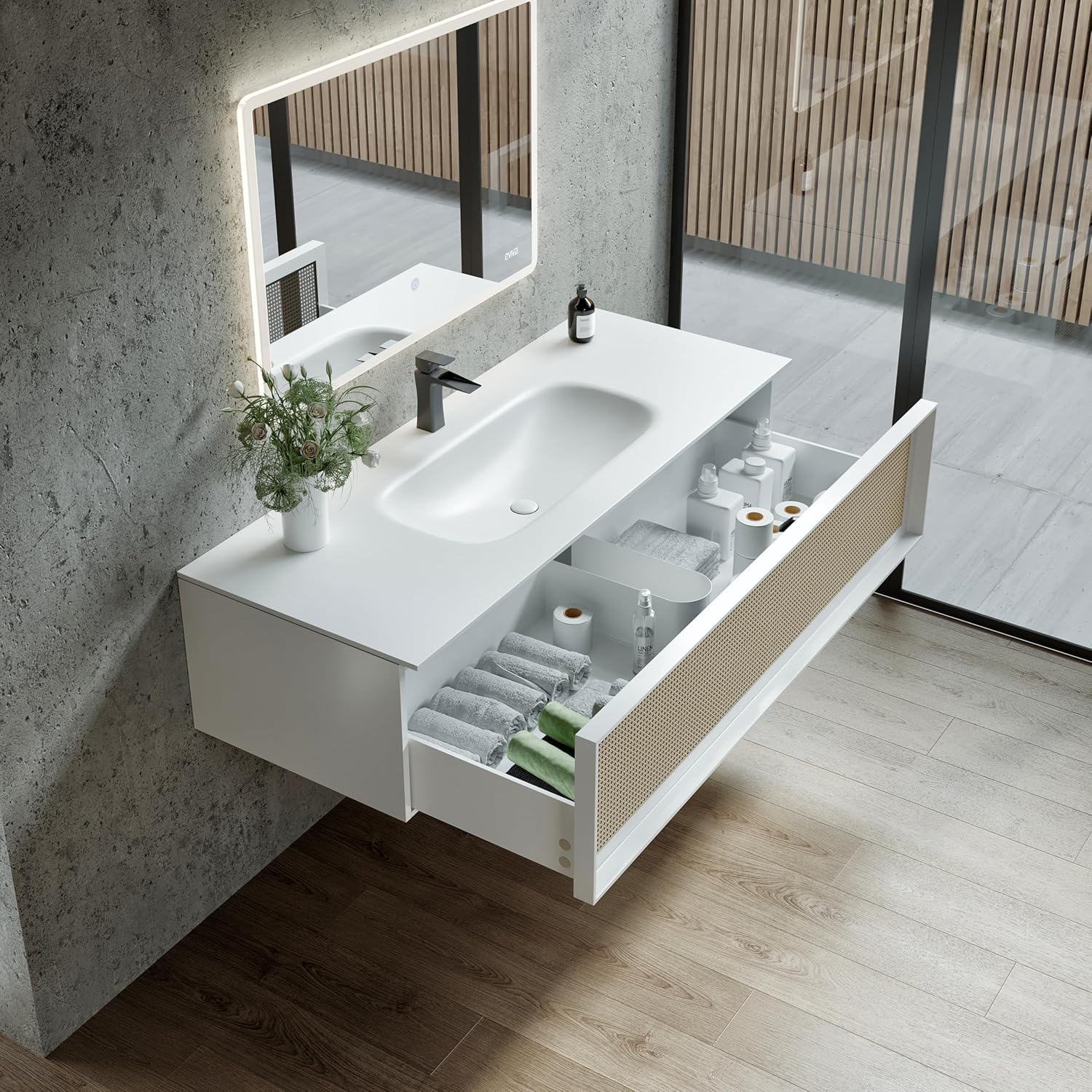 Eviva Nets Vanity with drawer partially open, angled view
