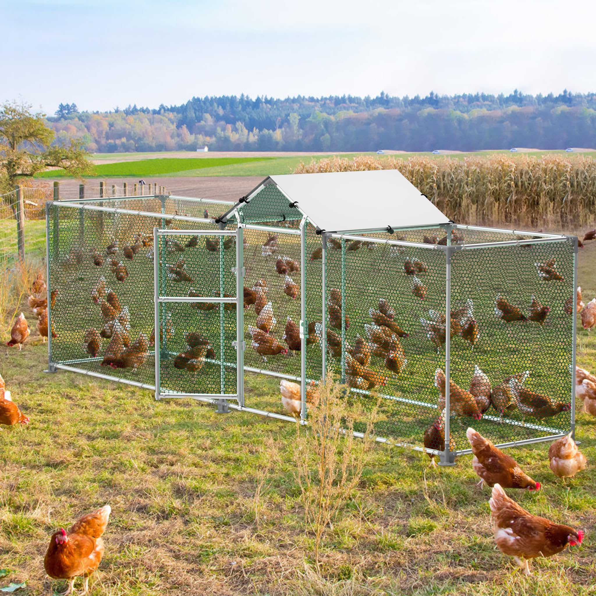 LILIIN Freilaufgehege Hühnerstall, Verzinkter Stahlrahmen Hühnerhaus, Außengehege für Haustierkäfig Vogelkäfig Kleintiere, mit Schloss und PVC-beschichtetes Schatten Dach, 400x100x150cm