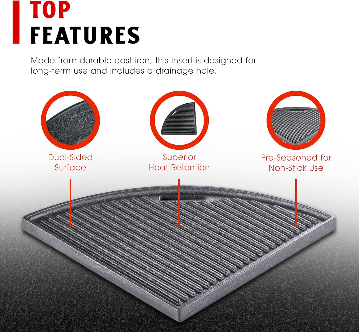 Cast Iron Griddle Hotplate Insert, Fits 22.5" Grills, Pre-Seasoned Dual-Sided Cast Iron Insert with Drainage Hole