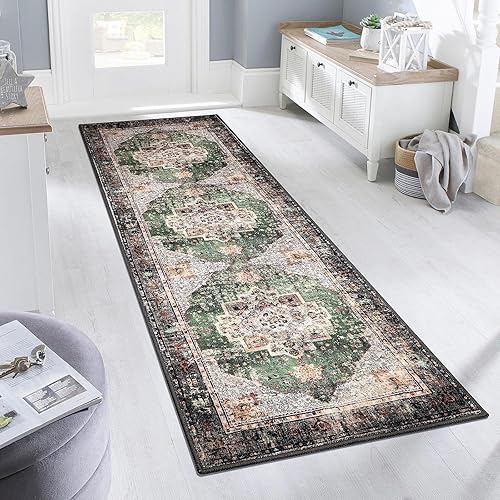 Miniatura 5 de YesRug Alfombra lavable de 2 x 6 pulgadas color verde estilo bohemio para entrada pasillo cocina lavandería baño antideslizante lavable estilo