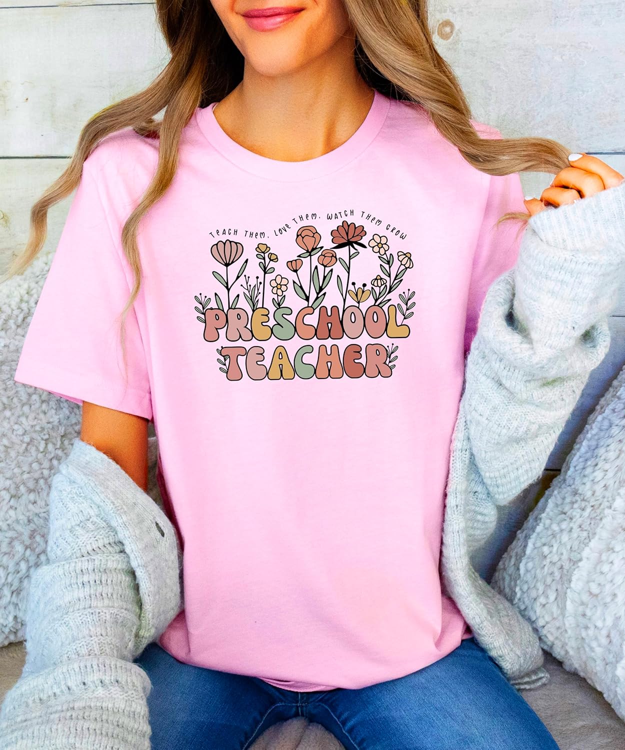 Preschool Teacher Shirt for Women Floral Teach Them Love Them Watch Them Grow Educator Tee