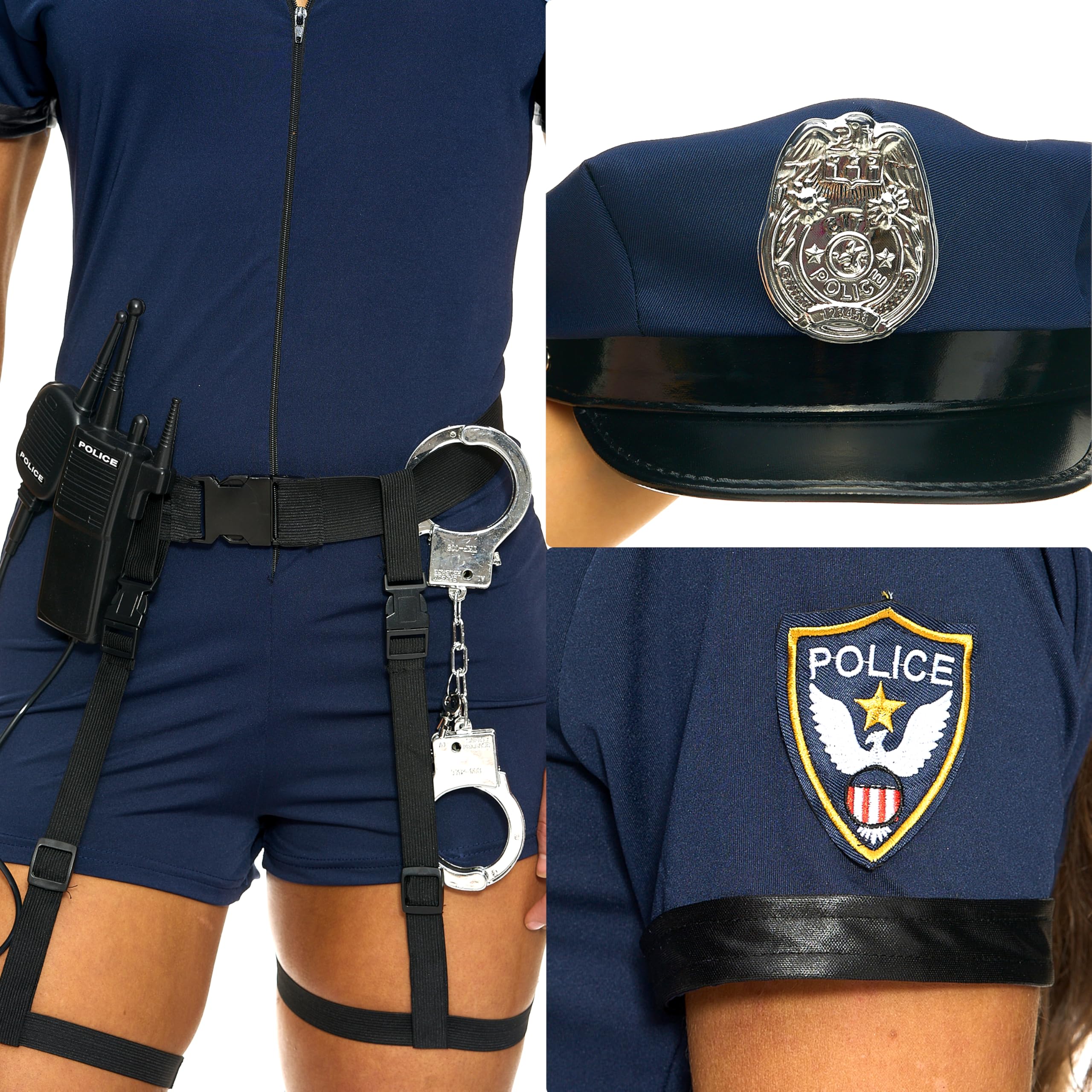 Spooktacular Creations Conjunto de disfraz de policía azul para mujer con mameluco, cinturón, sombrero, bastón, esposas, Walkie-Talkie para adultos, Halloween, fiesta, cosplay