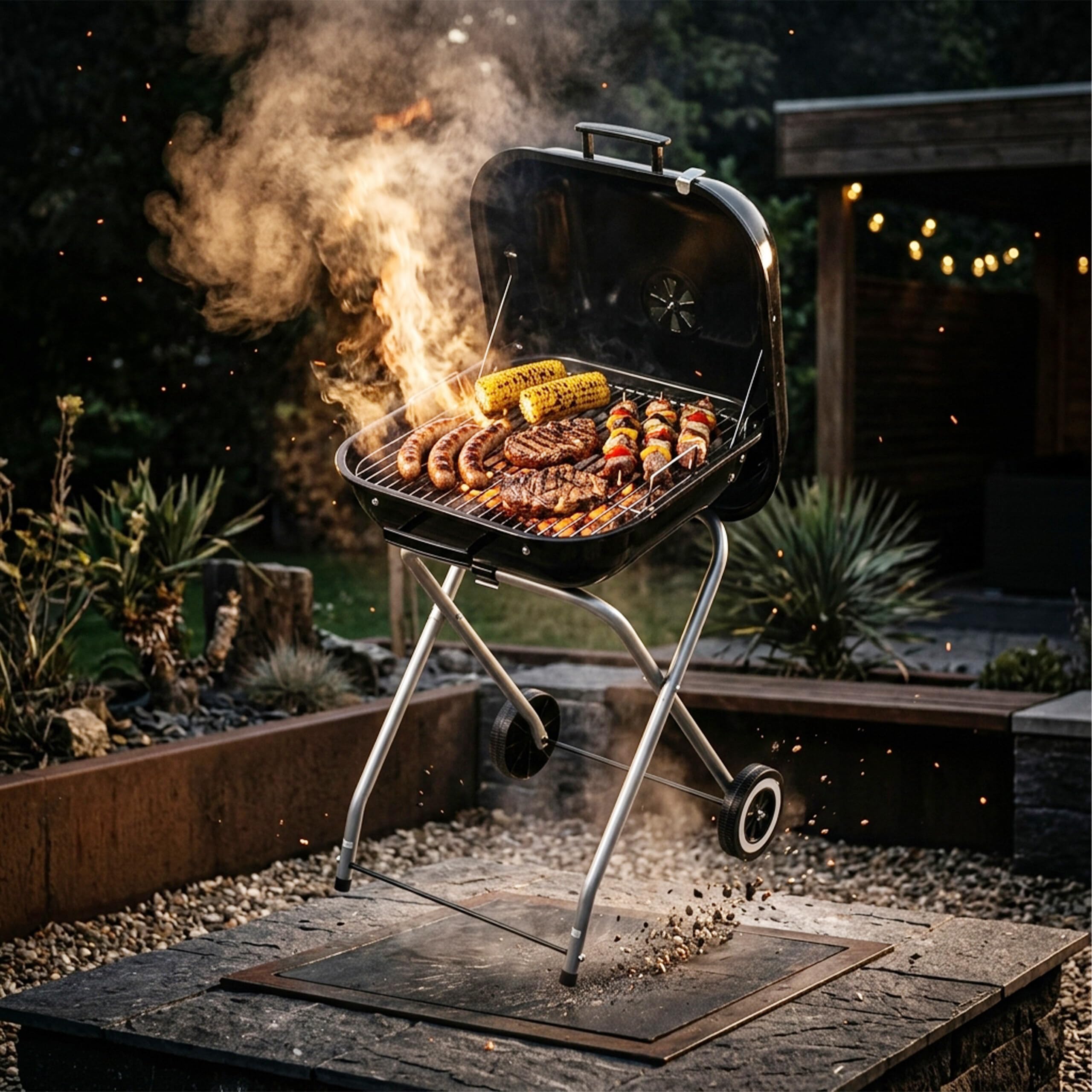 Relaxdays Parrilla portátil de carbón con tapa y ruedas, negra | Plegable para camping, balcón, jardín y parque, de pie