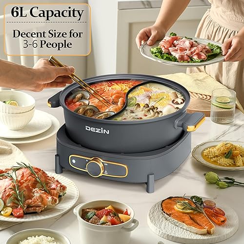 Miniatura 5 de Dezin Olla eléctrica con divisor, olla Shabu Shabu Shabu de doble sabor de 6 L, olla eléctrica antiadherente extraíble de doble cara, olla china de